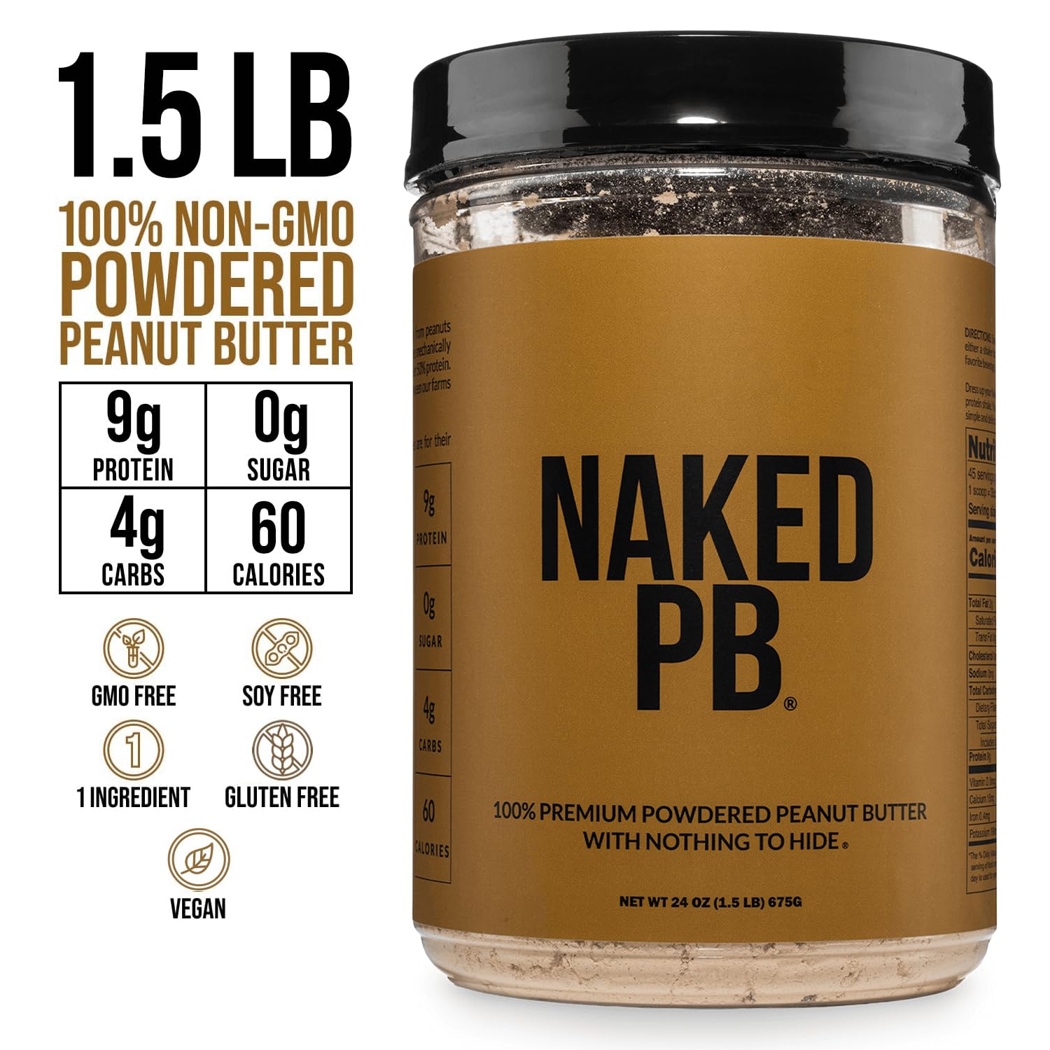 2 LB Powdered Peanut Butter from US Farms – Bulk, Only 1 Ingredient - Roasted Peanuts, Vegan, No Additives, Preservative Free, No Salt, No Sugar - 76 Servings - NAKED PB