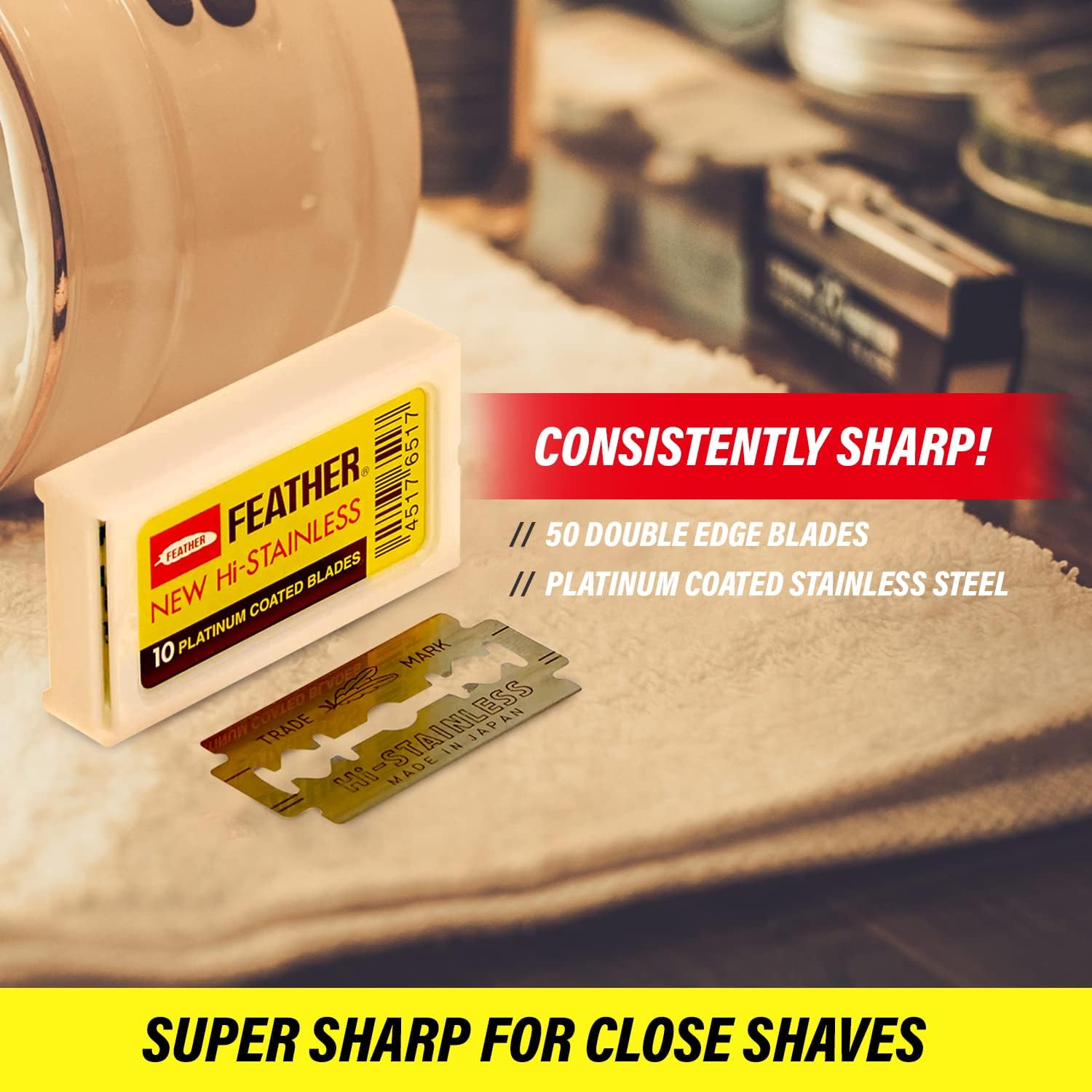 Feather Double Edge Safety Razor Blades - Platinum Coated Hi-Stainless Steel Razor Blades - Fits Most Safety Razors - Super Sharp for Close Shaves