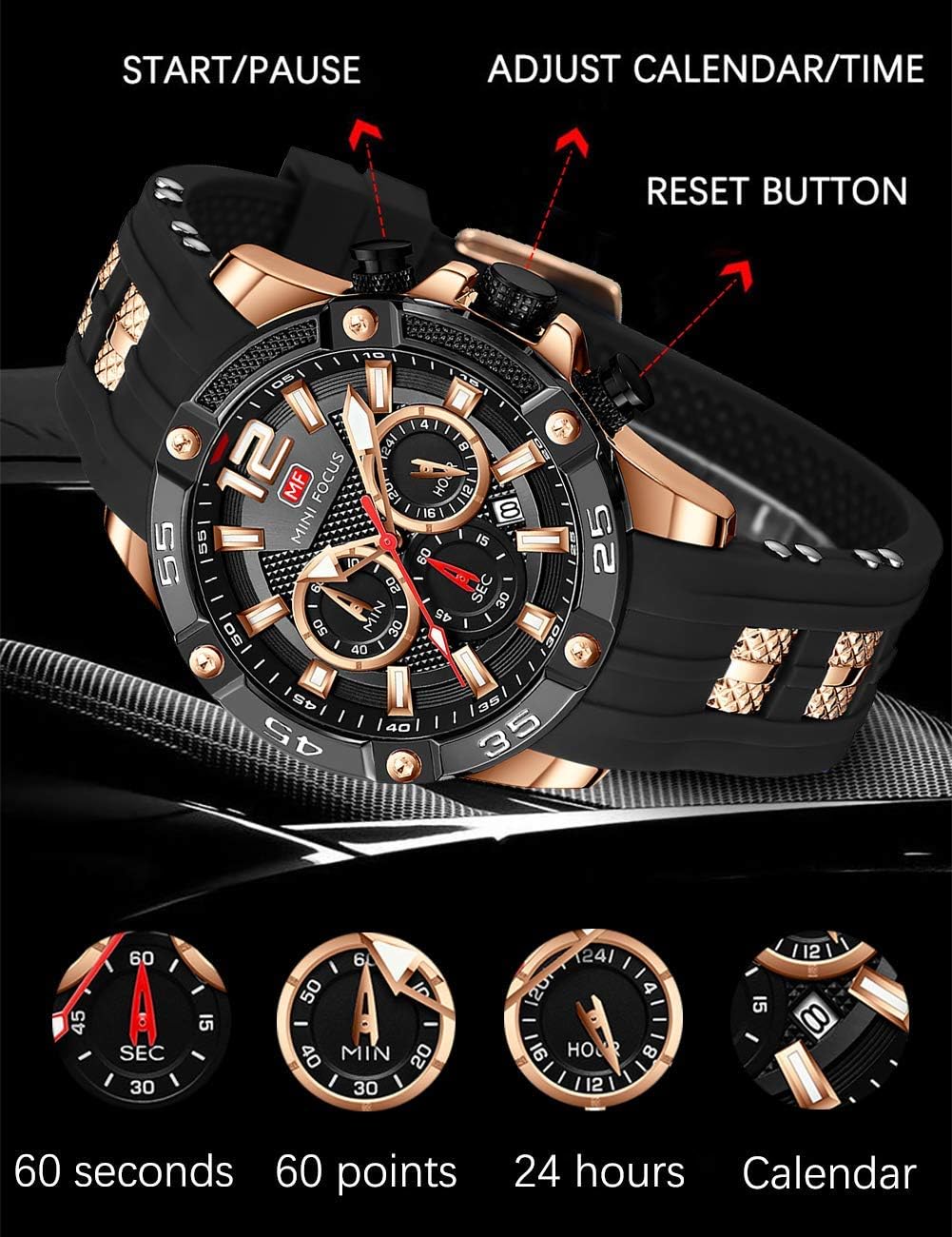 MF MINI FOCUS Men Watch, Chronograph Waterproof Sport Analog Quartz Watches Blue Silicon Strap Fashion Wristwatch for Men