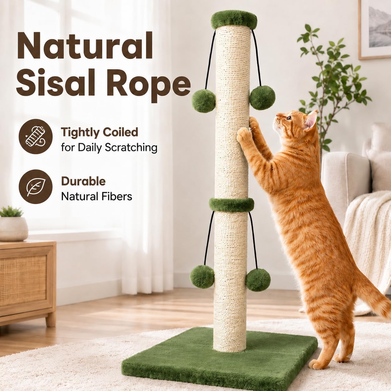 Dimaka 29'' Cat Scratching Post, Natural Sisal Rope Scratcher Post, Kitten Claw Scratch with 4 DanglingToy Balls for Large Cats (Grey)