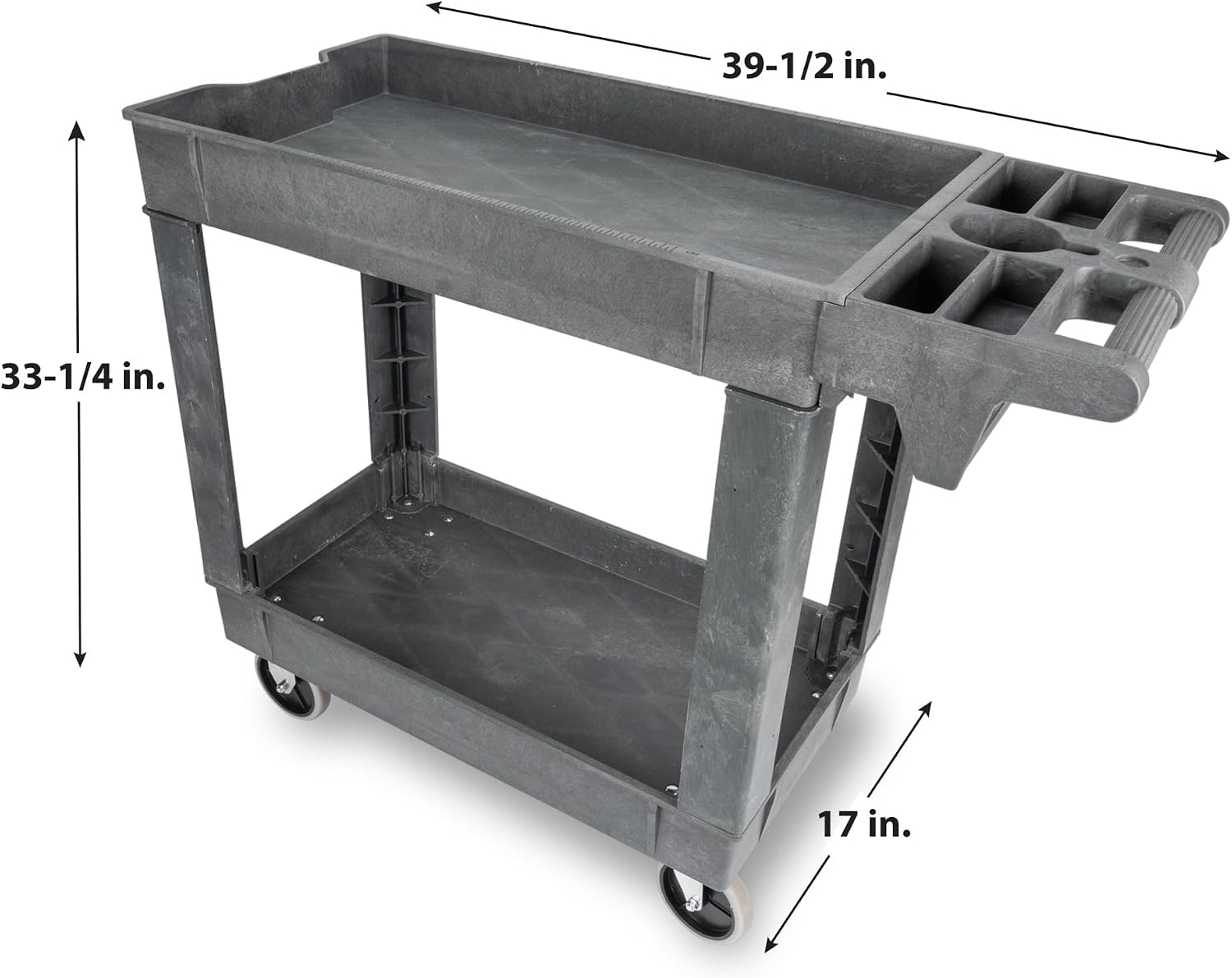Performance Tool W54004 Two-Shelf Utility Cart with Locking Drawer | Red rolling tiered storage cart with wheels. 350 lb load capacity. Swivel casters. 28x16 inch deep shelves