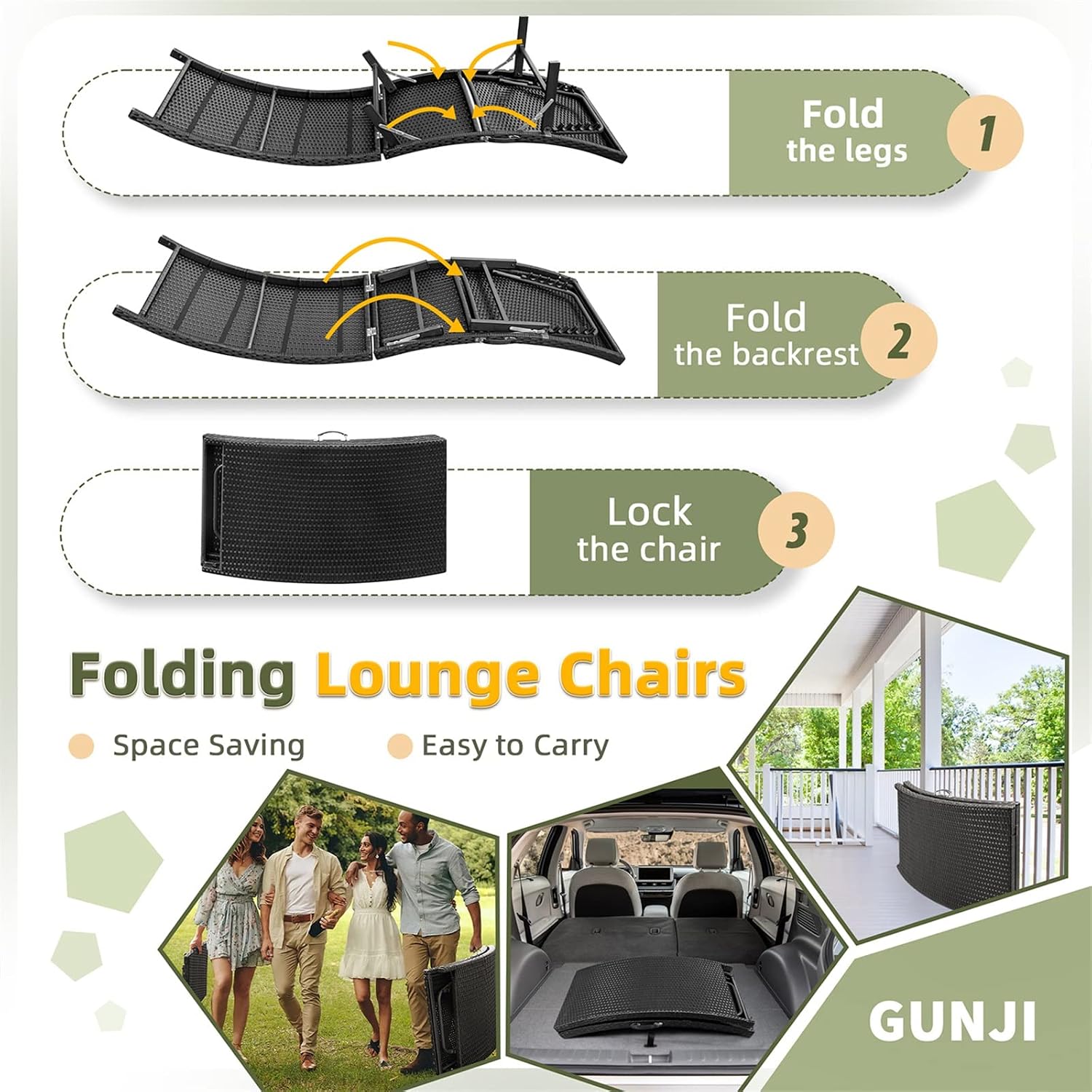 GUNJI Lounge Chairs for Outside 3 Pieces Patio Adjustable Chaise Lounge Outdoor Wicker Lounge Chairs Set of 2 with Table Folding Chaise Lounger for