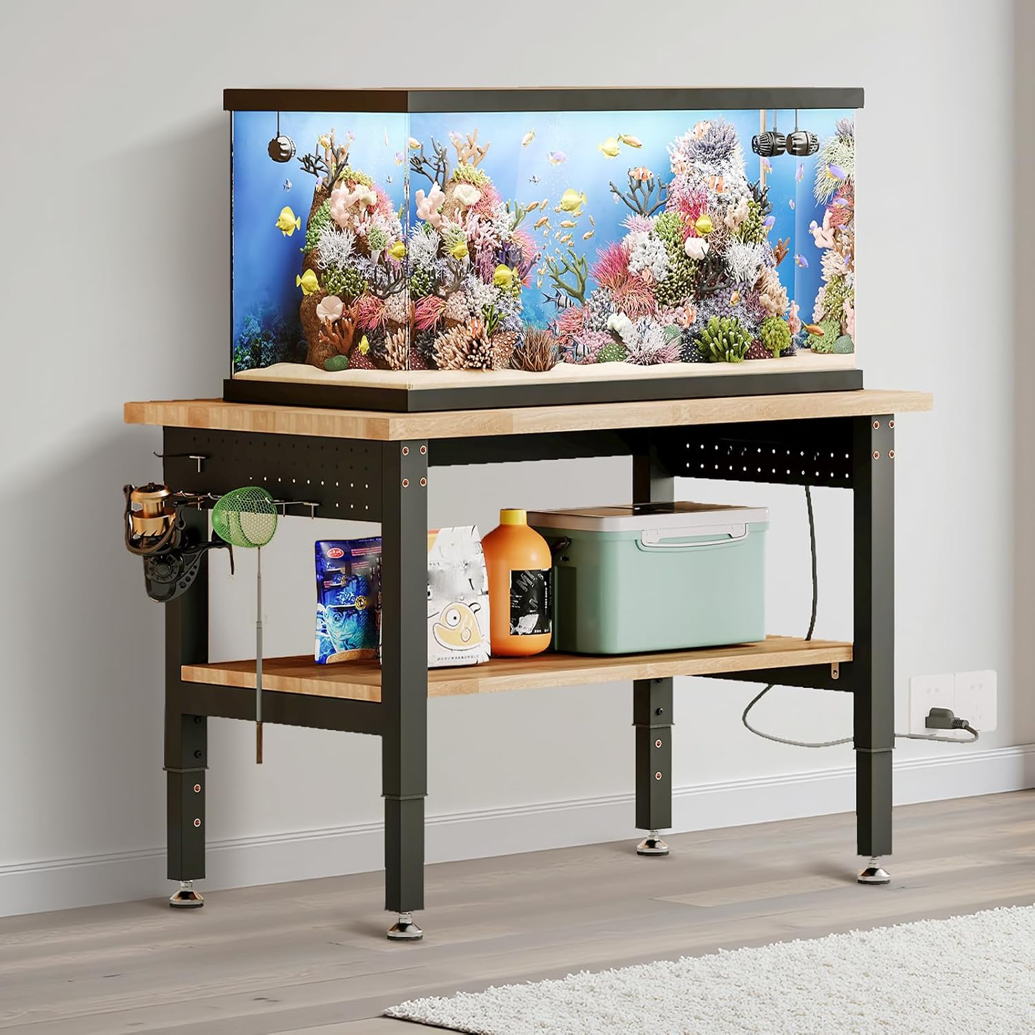 Albott 48" Adjustable 2-Tier Workbench with Solid Wood Top, Max 2500lbs Capacity, Built-in Power Strip with 4 AC Outlets & 2 USB Ports