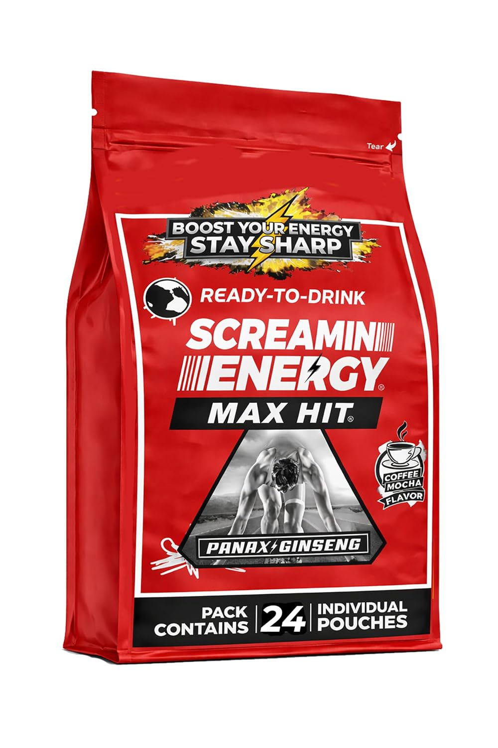 Screamin Energy Max Hit Coffee Mocha Energy Shot Pouches, 24 Count, Extra Strength Caffeine with Panax Ginseng and B Vitamins