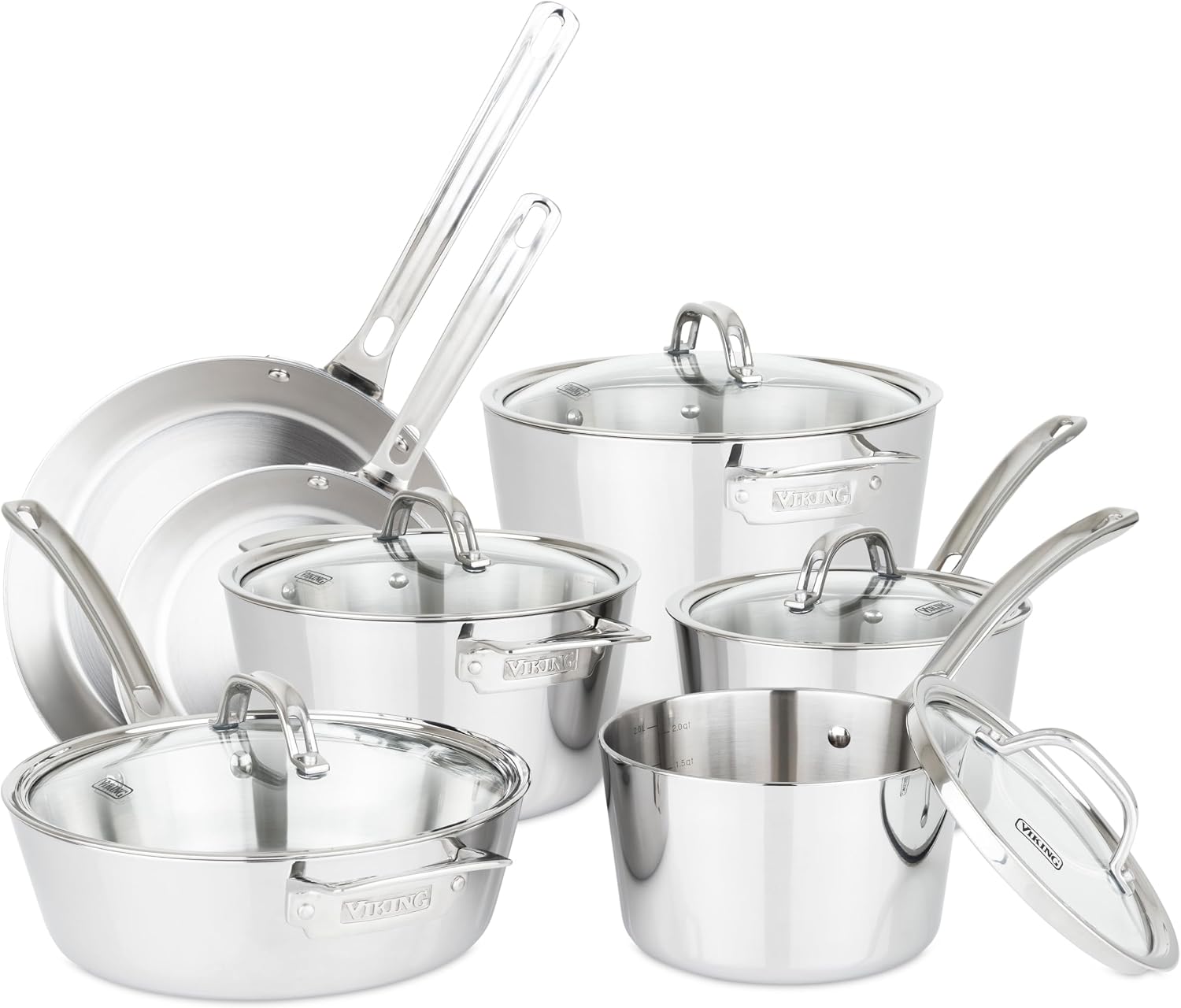 Viking Contemporary 3-Ply Pots and Pans Set, 10 Piece Stainless Steel Kitchen Cookware, Silver