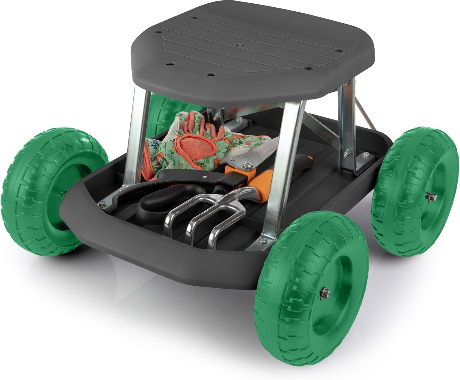 Pure Garden Rolling Garden Seat with Wheels and Tool Tray, Black/Green | Gardening Stool Garden Cart Scooter with Storage for Yard Tools