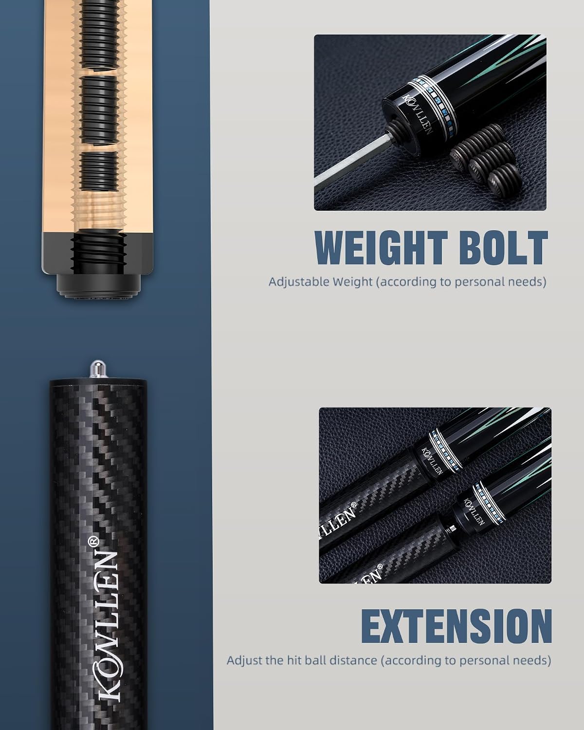 KONLLEN Carbon Fiber Pool Cue Stick 58-inch Professional Pool Sticks for Adults Full Carbon Technology Low Deflection Pool Cue Billiard Cues with 12.5mm Tip (Easy to Control, Pro Taper, Ultra-Smooth)