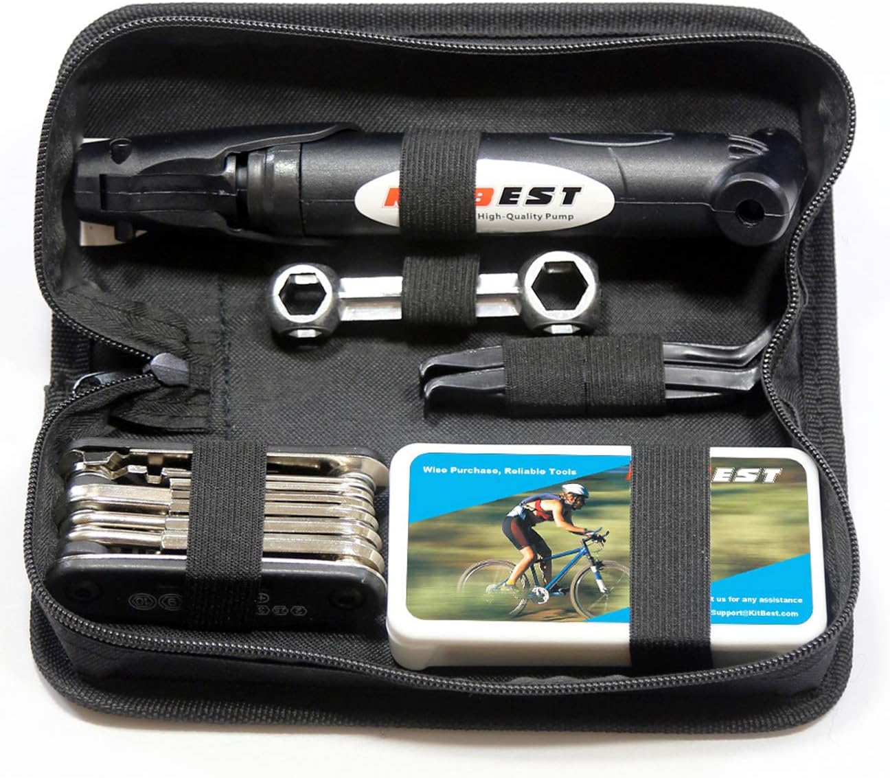 Bike Repair Bag with Tire Pump and Portable Bicycle Kit for Camping Travel | All in One Tool kit, 16 in 1 Bike Multitool, Bike Glueless Patches, Bicycle Tire Repair Kit, Fits Mountain & Road Bike