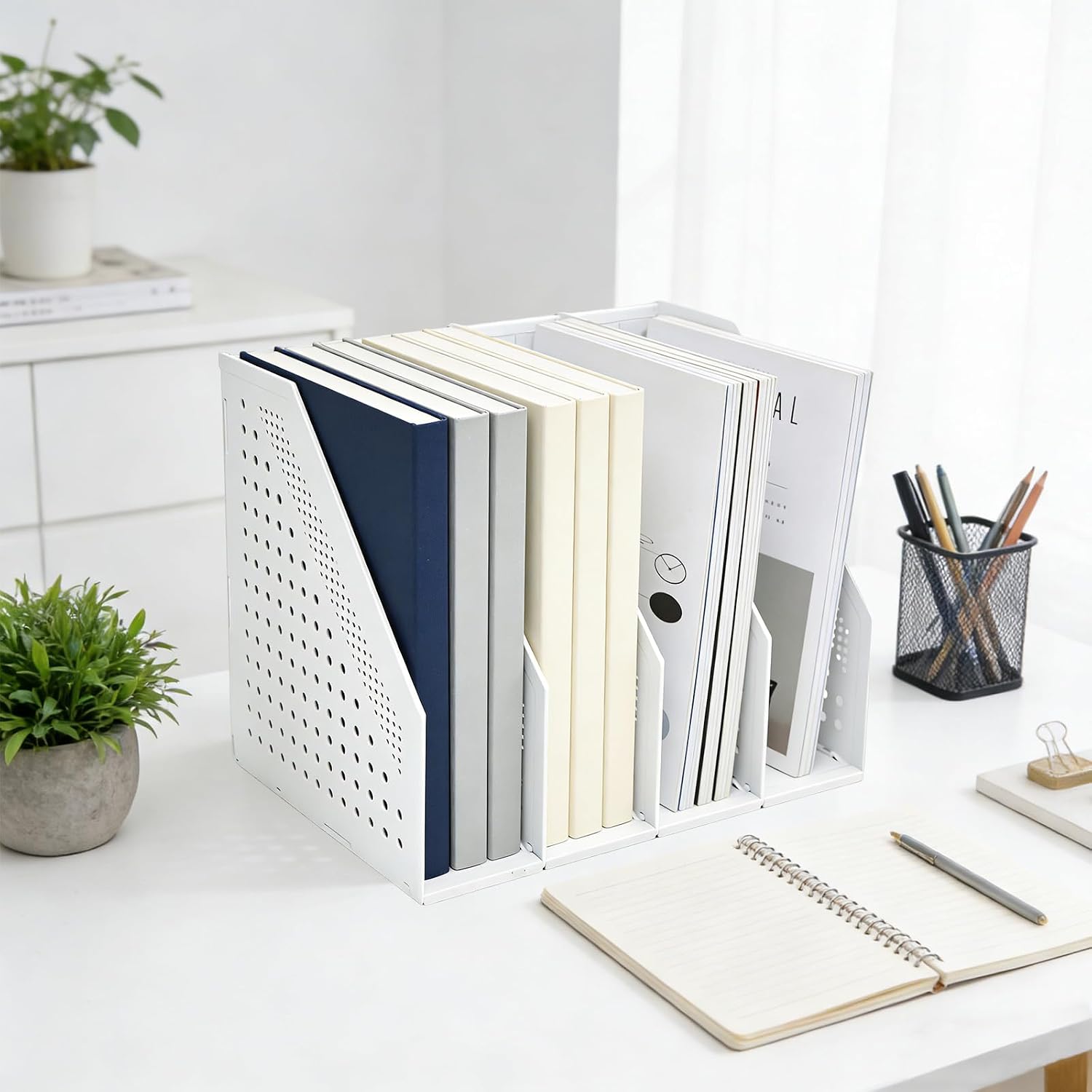 SAYEEC Collapsible Magazine Holder Plastic Desktop 4 Compartment File Rack Magazine Organizer Vertical File Divider Sorter Storage Document