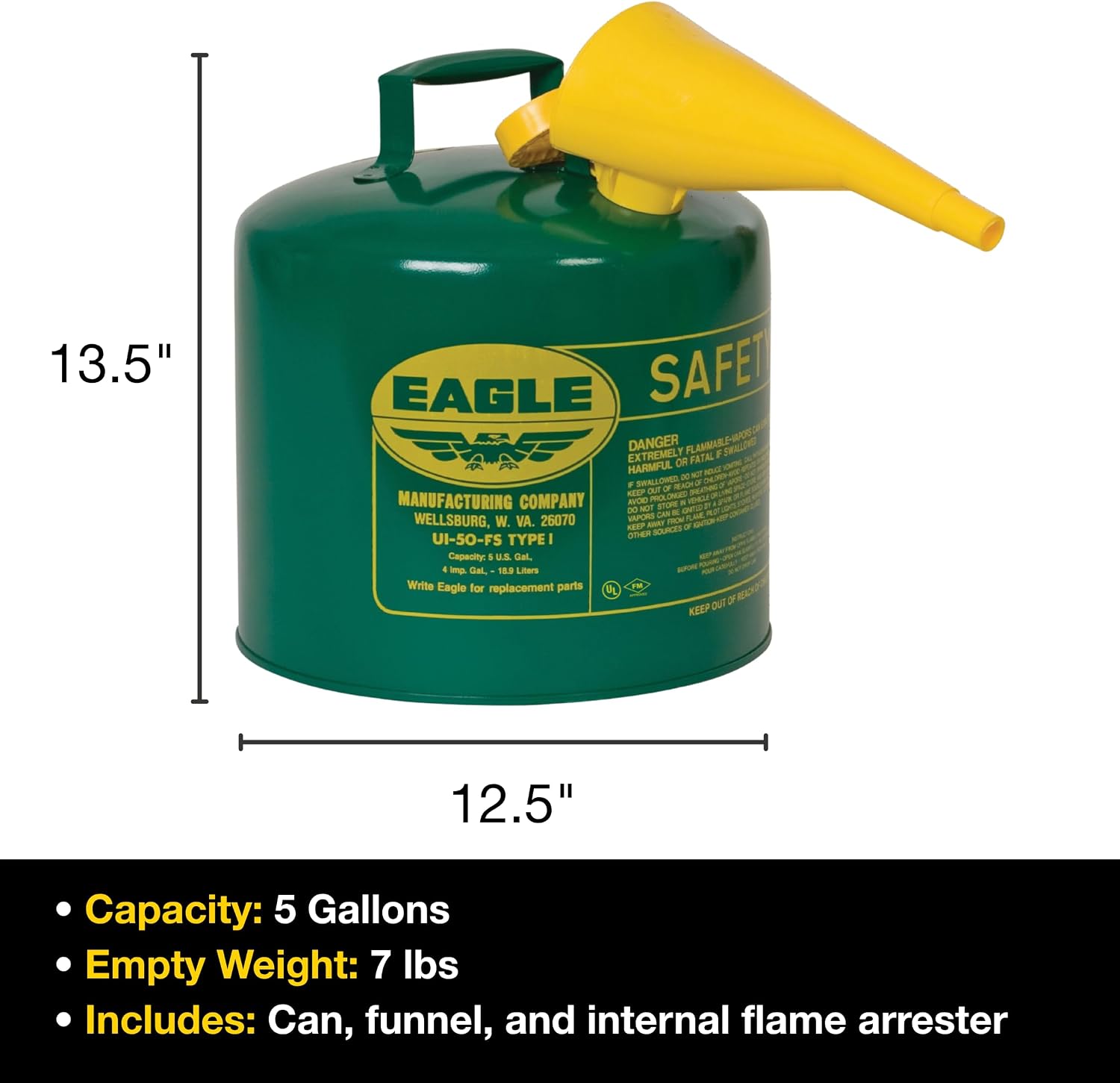 Eagle 5 Gallon Type I Green Safety Gas Can for Oil and Other Combustibles | Flame Arrester, Self-Closing Lid, and F-15 Funnel, Made in the USA