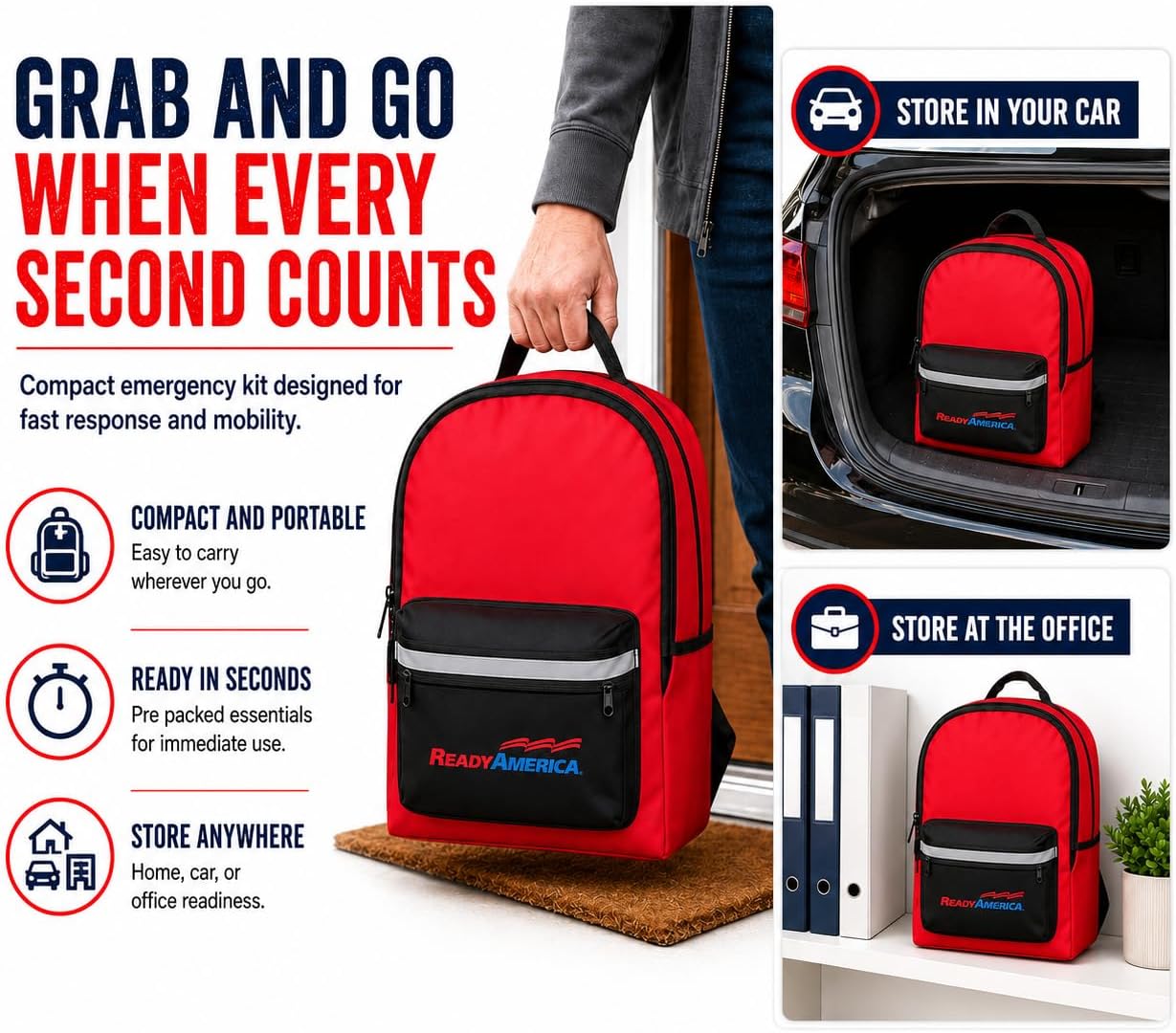 Ready America 70285, 2-Person 3-Day Deluxe Emergency Backpack | Premium Survival Kit w/ Food, Water, Medical Supplies, Tools