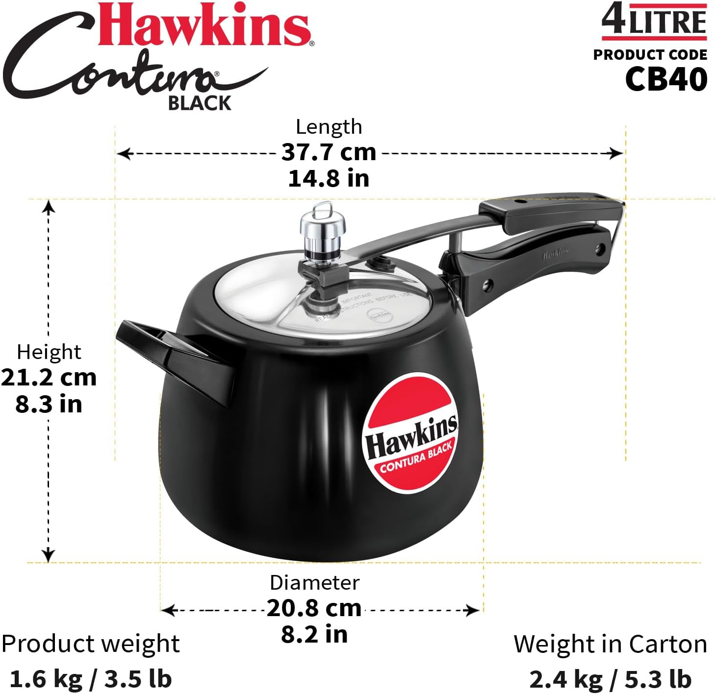 Hawkins 3.5 Litre Contura Black Pressure Cooker, Hard Anodised Inner Lid Cooker, Handi Cooker, Black (CB35)