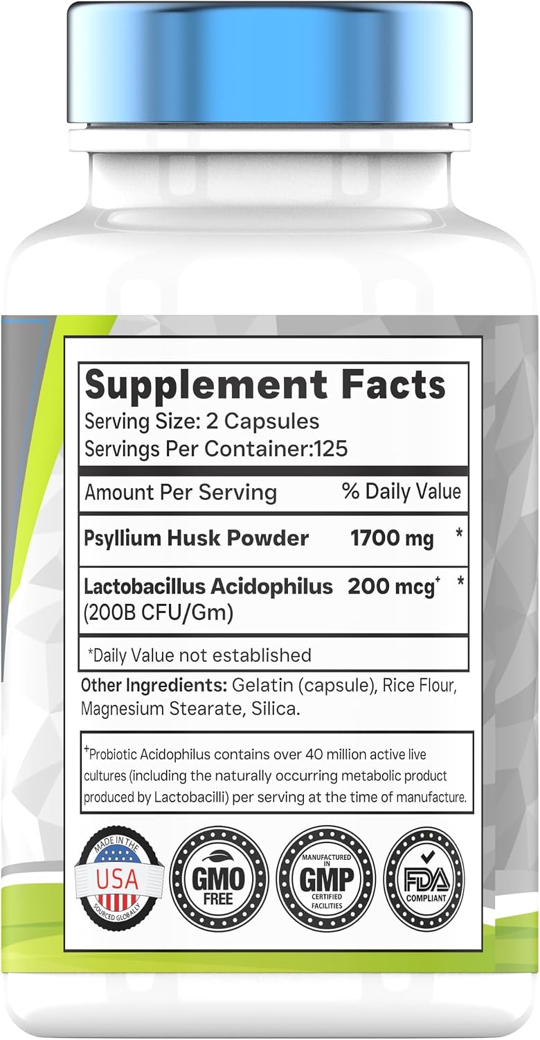 tnvitamins Psyllium Husk Capsules | 1700 MG - 250 Capsules | with Probiotic Acidophilus | Extra Strength Soluble & Dietary Fiber Supplement | Supports Digestive Health