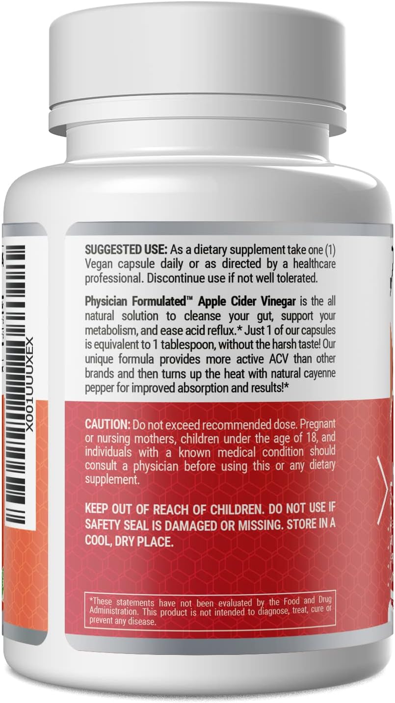 100% Organic Apple Cider Vinegar Capsules 750mg in just 1 Pill Pure Raw Apple Cider Vinegar with Cayenne Pepper for Natural
