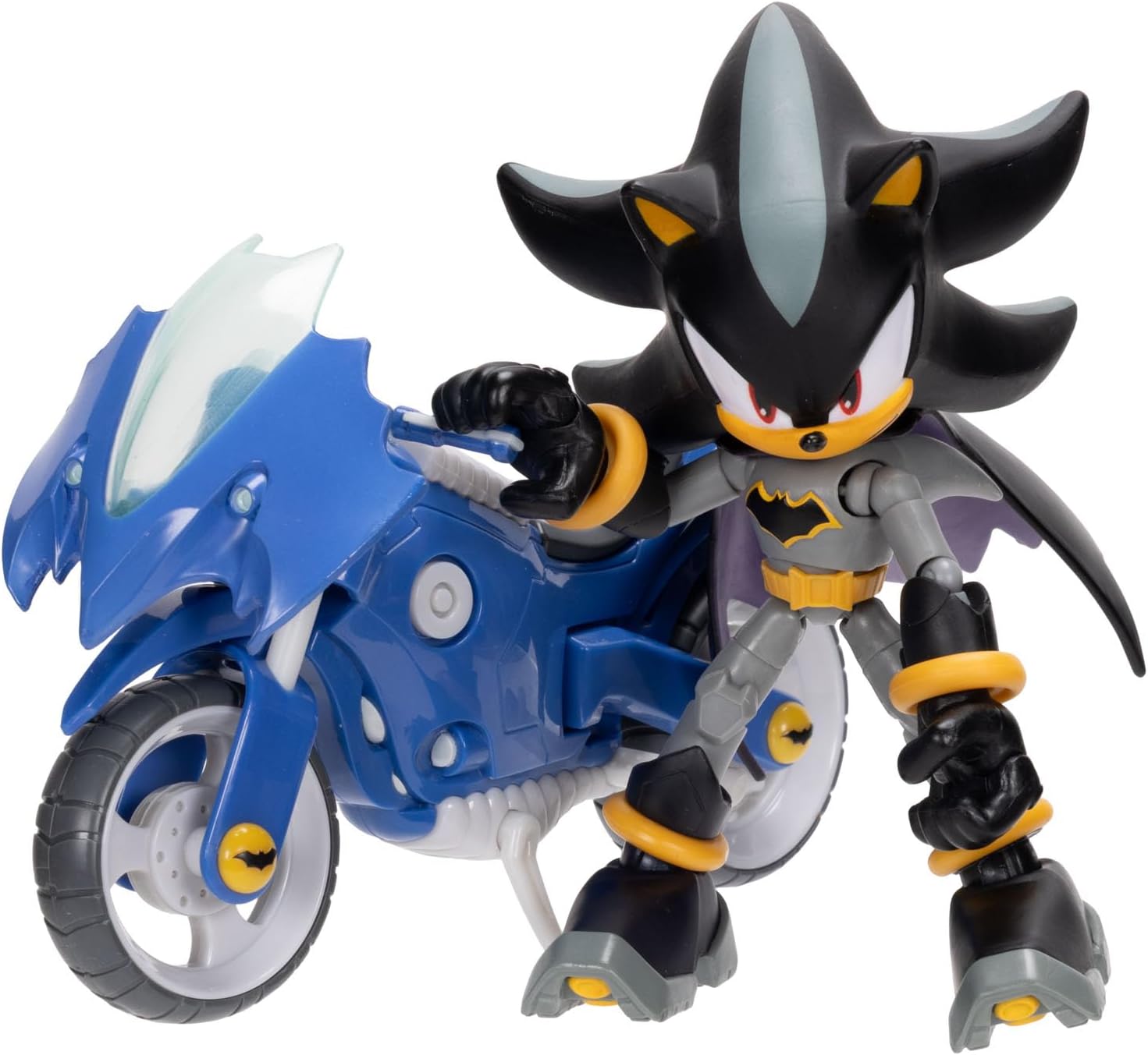 Sonic The Hedgehog DC x Sonic Shadow as Batman & Batcycle Action Figure Set, 5"/13cm, 22 Points of Articulation, Moving Wheels, Working Kickstand