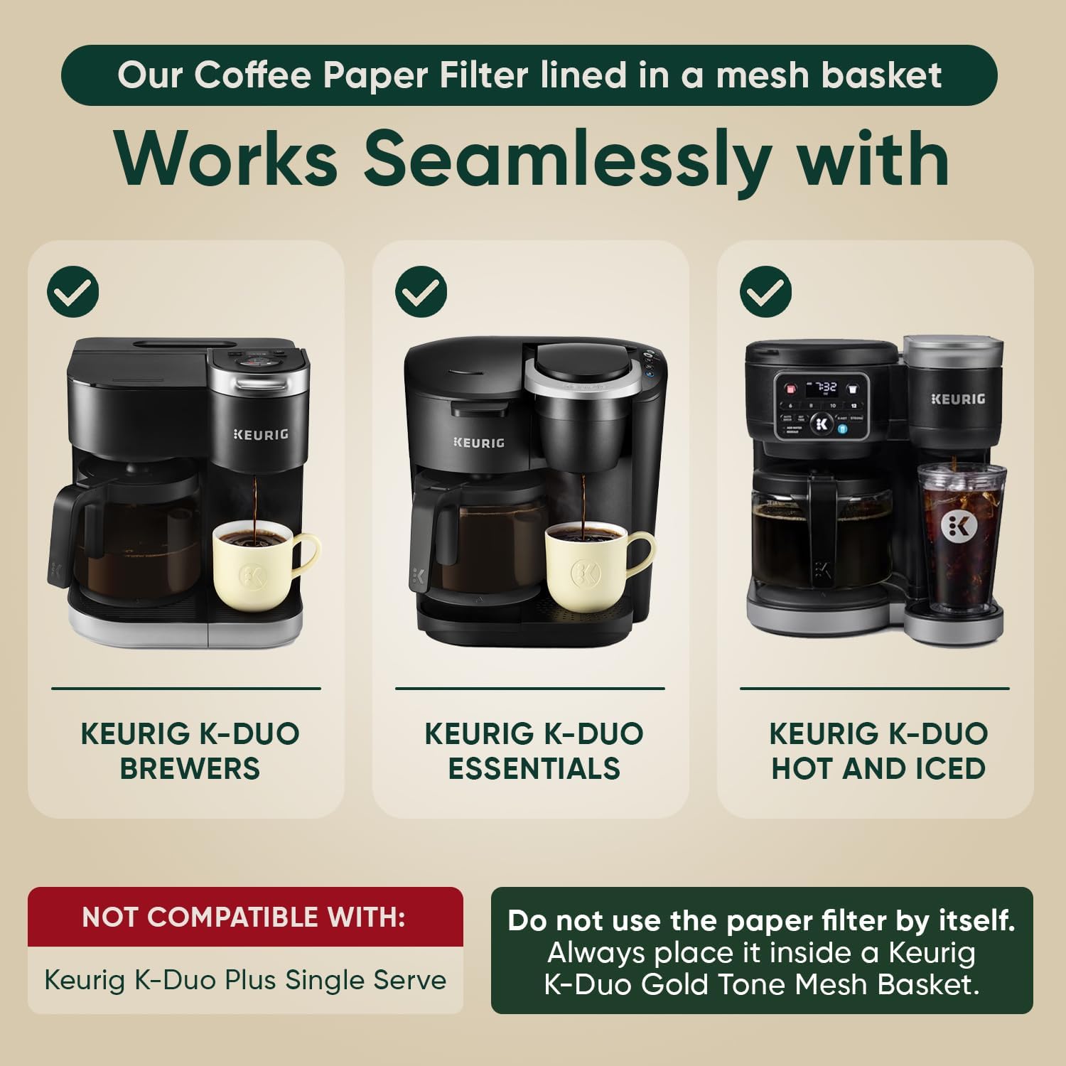 Keurig K-Duo Paper Coffee Filters 100 Pack by PureHQ - Fits Mesh Basket
