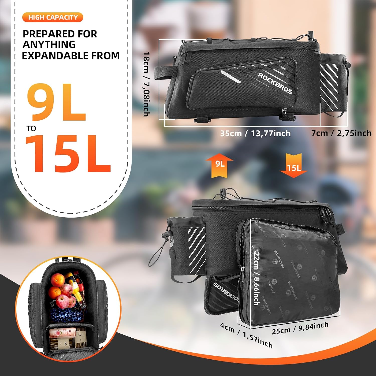 ROCKBROS 15L Bike Rear Rack Bag Pannier Trunk Bag with Rain Cover | Large Capacity Storage Bag Detachable Shoulder Strap Bicycle Trunk Rear Rack Bag Fits All Bikes E-bikes for Daily Cycling