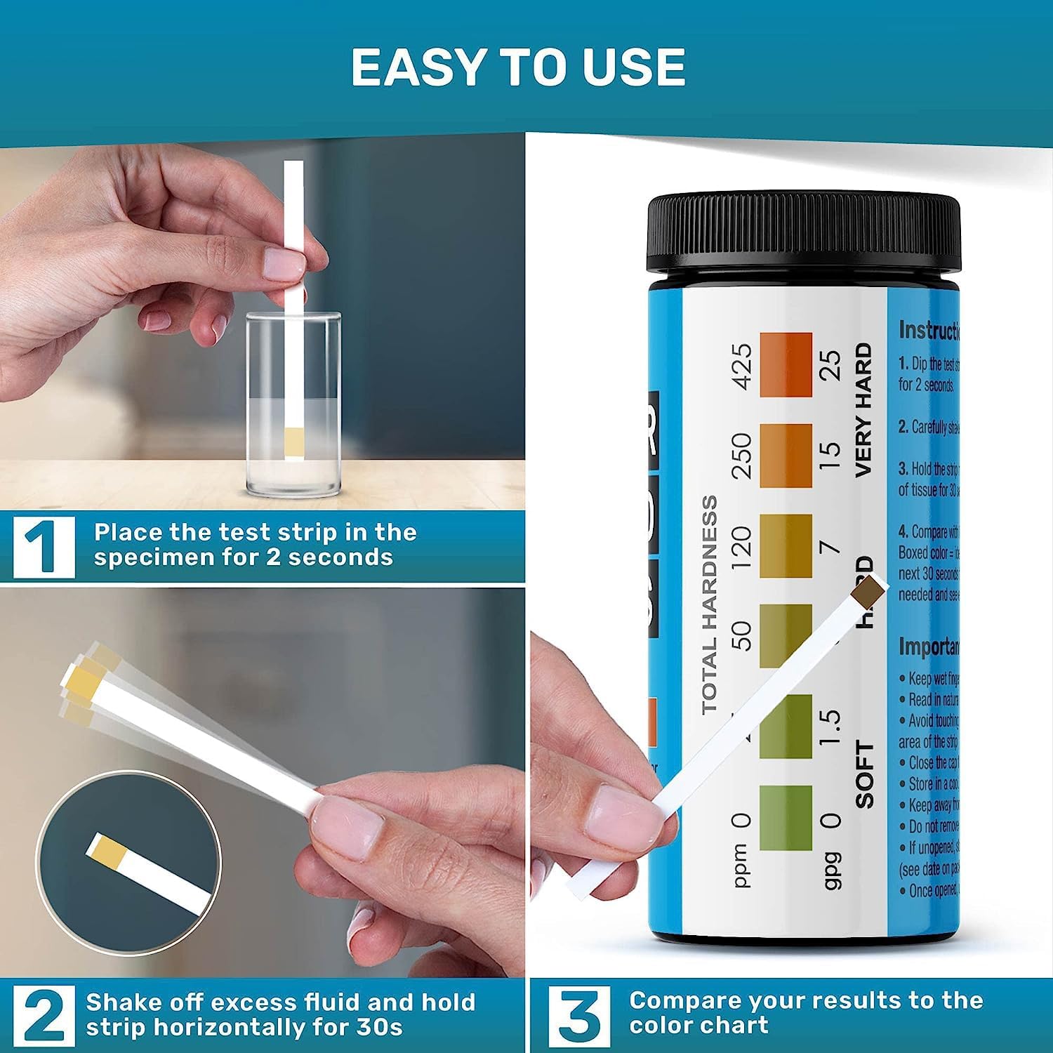 Pool Test Strips for Pools and Spas - 7 in 1 Water Test 100 Pack | Includes 100 pool test strips that measure chlorine, bromine, pH, alkalinity, hardness and cyanuric acid in 30 seconds.