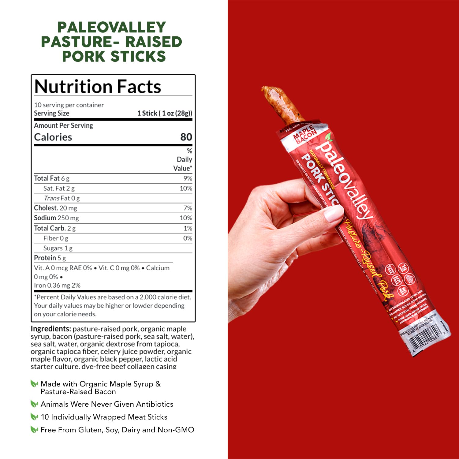 Paleovalley 100% Grass Fed Beef Sticks, Protein Snacks, Original | 10 Count, Individually Wrapped, Naturally Fermented, Gluten Free, Keto and Paleo, Made With Simple Ingredients, 6g Protein