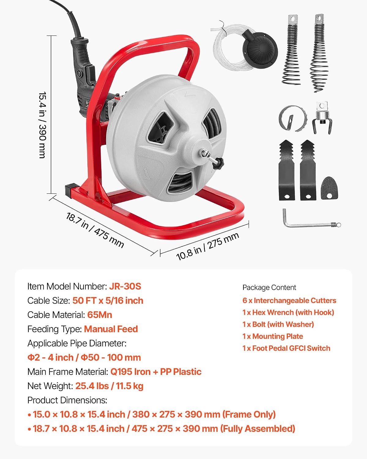 VEVOR Drain Cleaner Machine 50 FT x 5/16 Inch, Sewer Snake Auger with 228RPM Electric Drill, Manual Feed Drain Cleaning Machine with 6 Cutters & Air-activated Foot Switch for 2" to 4" Pipes