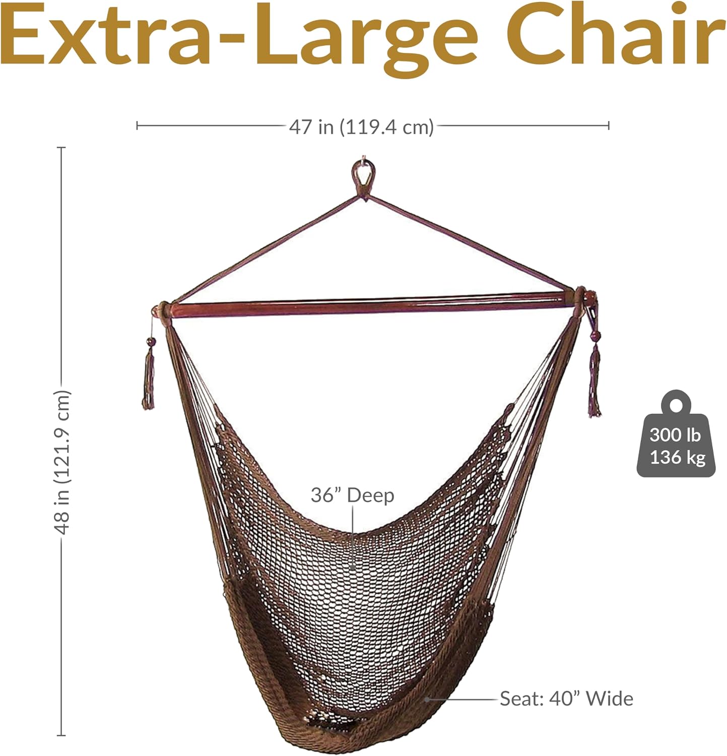 Sunnydaze Hanging Hammock Chair Swing for Patio, Caribbean, Tan | 300 lb Capacity, Wooden Spreader Bar, Woven Polyester, Hang From a Tree, Hammock Chair Stand, or Ceiling, Hammock Swing Chair