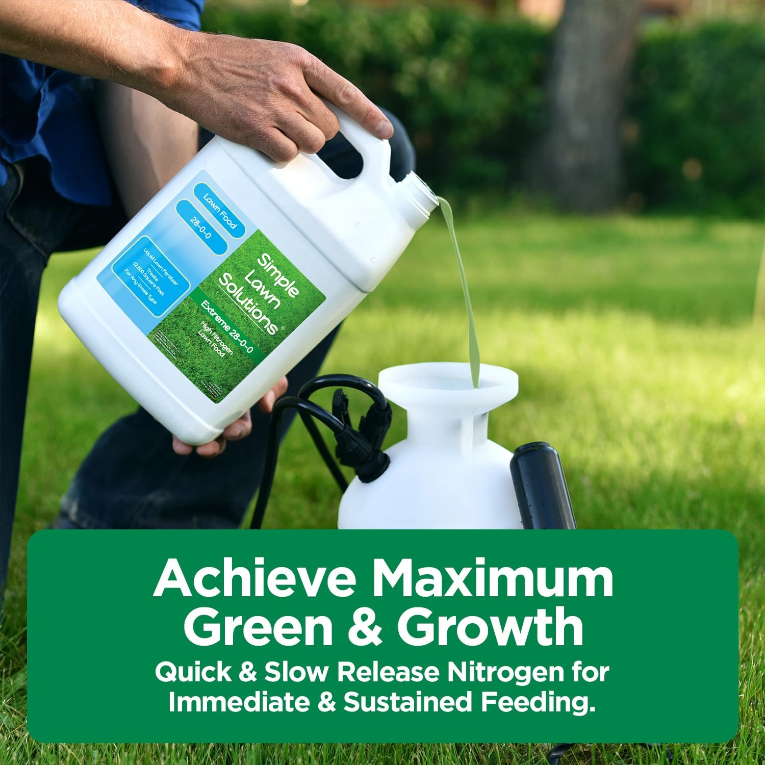 Maximum Green & Growth Fertilizer High Nitrogen 28-0-0 Liquid Lawn Food Spray Spring & Summer- Any Grass Type- Simple Lawn Solutions - Concentrated Quick & Slow Release Attached Sprayer (32 Ounce)