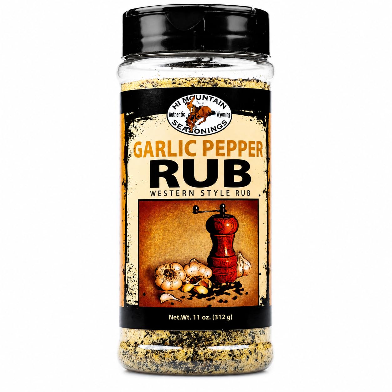 Hi Mountain | GARLIC PEPPER RUB | Meat Seasoning | 11 oz | Garlic pepper seasoning for beef, pork, venison, deer, elk, chicken, burgers, and vegetables