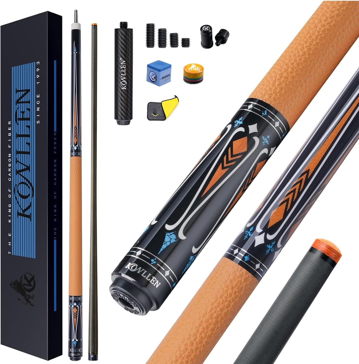 KONLLEN Carbon Fiber Pool Cue Stick 58-inch Professional Pool Sticks for Adults Full Carbon Technology Low Deflection Pool Cue Billiard Cues with 12.5mm Tip (Easy to Control, Pro Taper, Ultra-Smooth)