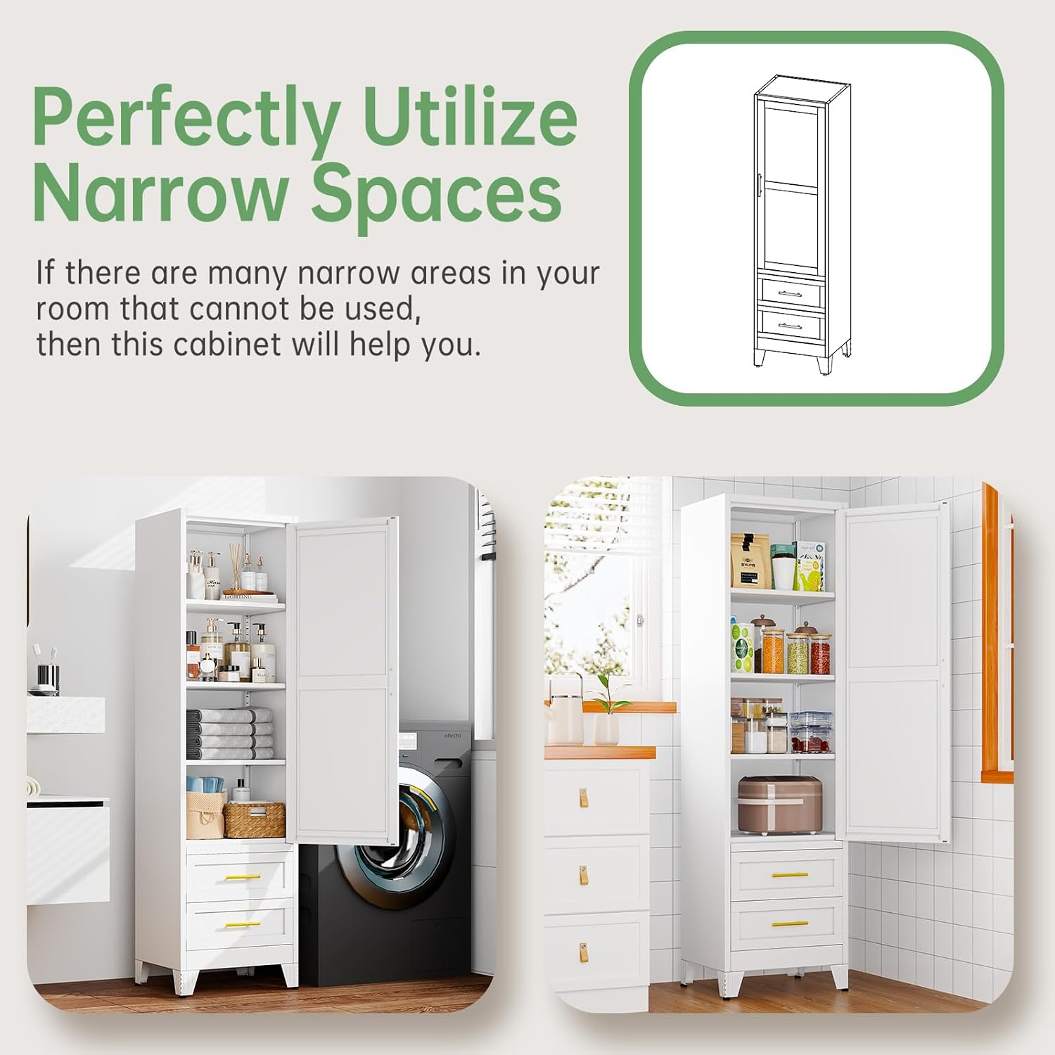 Ckzbx Tall Narrow Storage Cabinet 66.93" H Tall Bathroom Cabinet Metal Pantry Cabinets, 4 Adjustable Shelves for Kitchen, Home Office, Living Room, Dinning Room (20 inches Wide White)