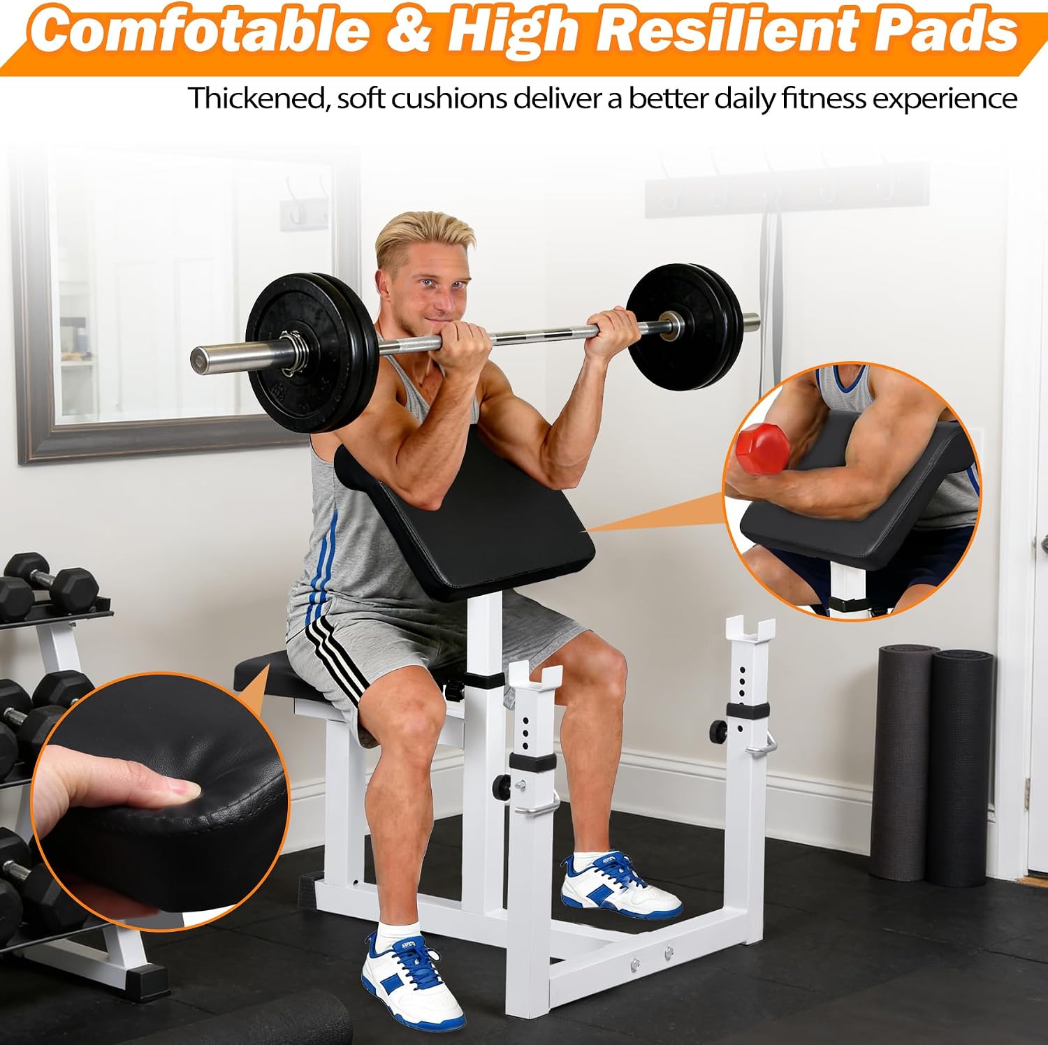 ZENY Adjustable Preacher Curl Bench Bicep Tricep Bench with Barbell Rack, Seated Strenghthen Training Isolated Barbell Dumbell Station
