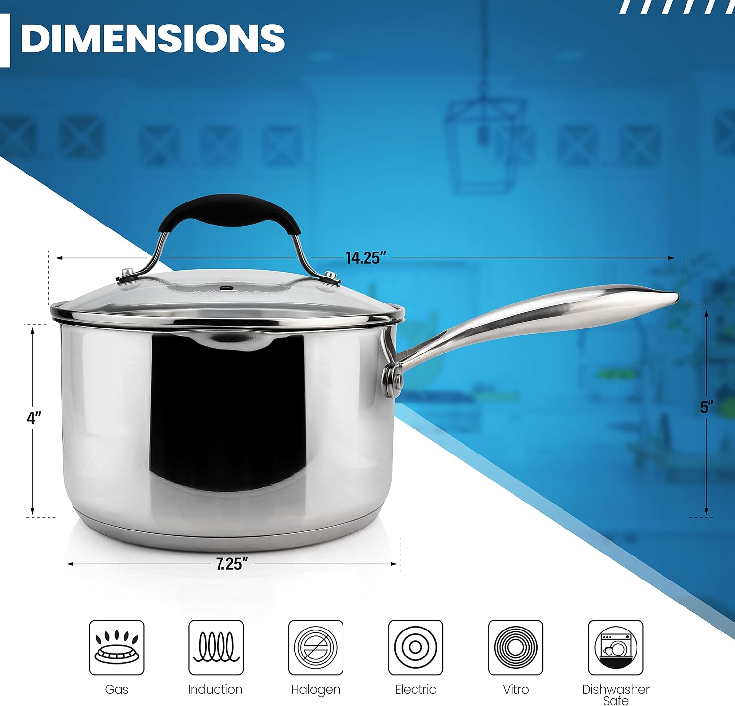 AVACRAFT 2.5 Quart Stainless Steel Saucepan with Glass Strainer Lid | 18/10 Stainless Steel, 5-Ply Capsule Base, Dual Pour Spouts, Induction Compatible, Ergonomic Handle, Dishwasher Safe
