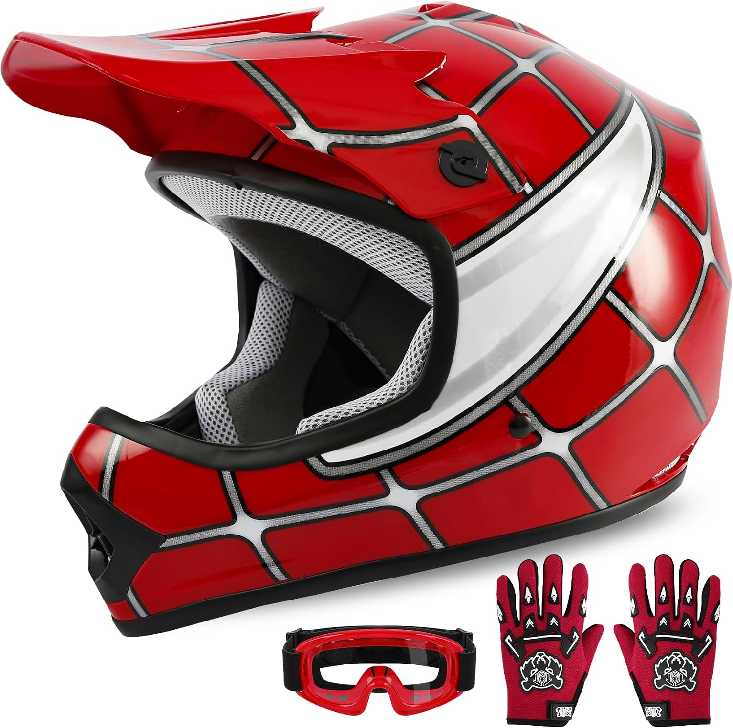 Kids Dirt Bike Helmet Youth Motorcycle Helmet DOT-Certified Full Face Helmets for Motocross ATV Off-Road Street Bike with Goggles & Gloves, Blue Flame Medium | Motorcycle Riding Gear included Goggles & Gloves, Ultra-Lightweight, For ATV UTV Off-Road, Blu…
