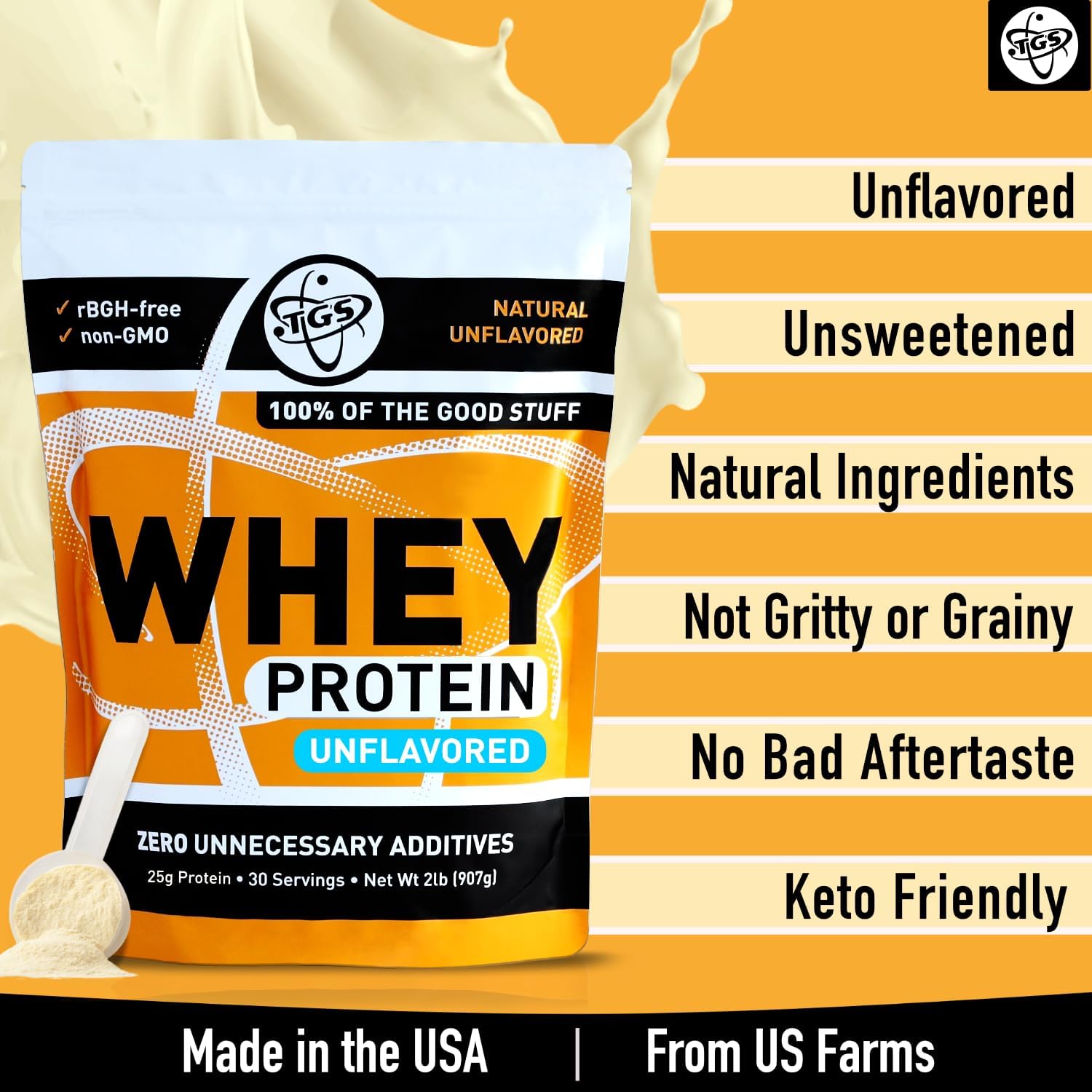 Whey Protein Powder Unflavored, Unsweetened - No Artificial Ingredients for Men & Women - 2lb Soy-Free, No Gluten, Keto Friendly - Post Workout Muscle Recovery
