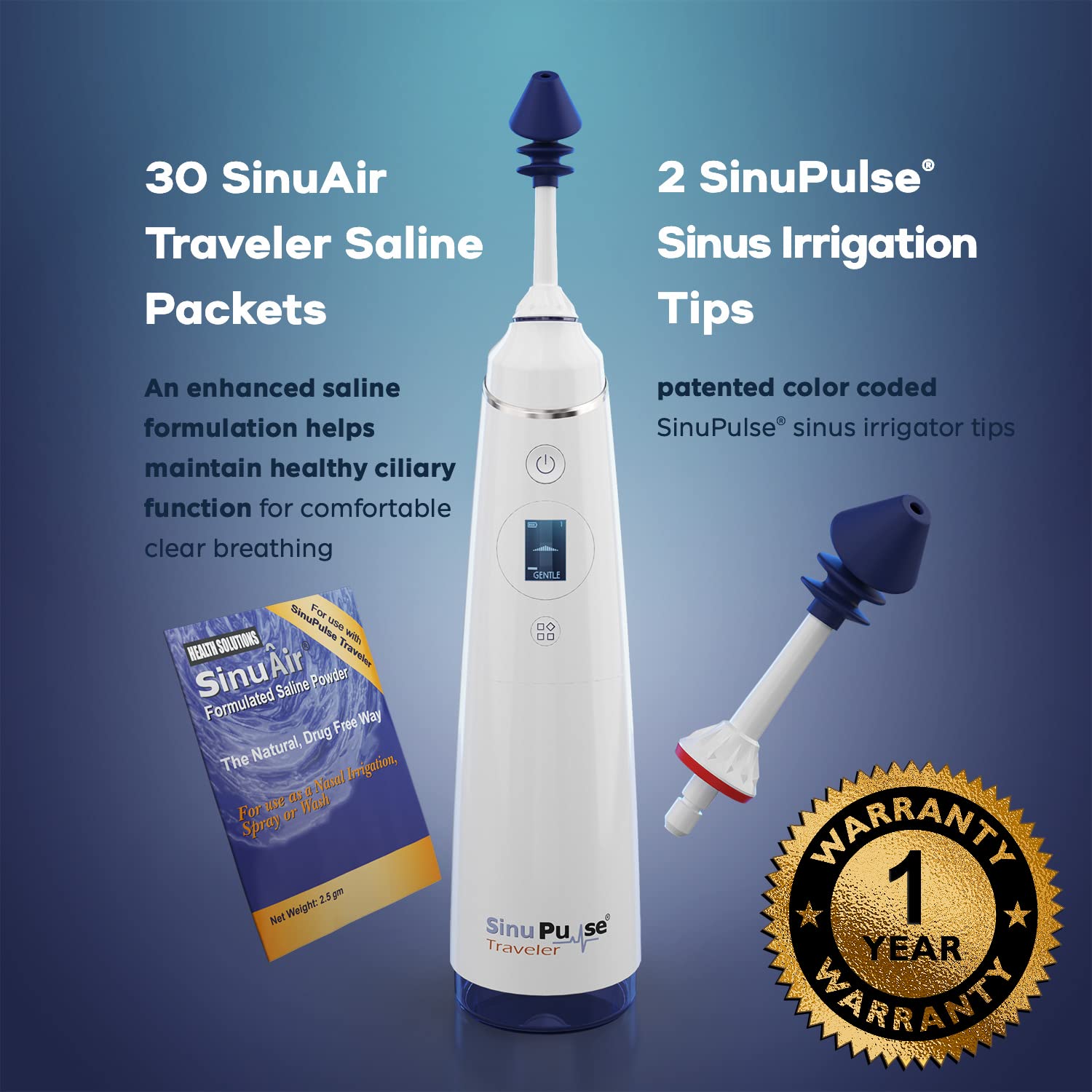 SinuPulse Traveler with 30 Sinuair Packets - Cordless Pulsating Nasal Irrigation Sinus Rinse System, Space Saving Cleaner & Relief Machine for Travel