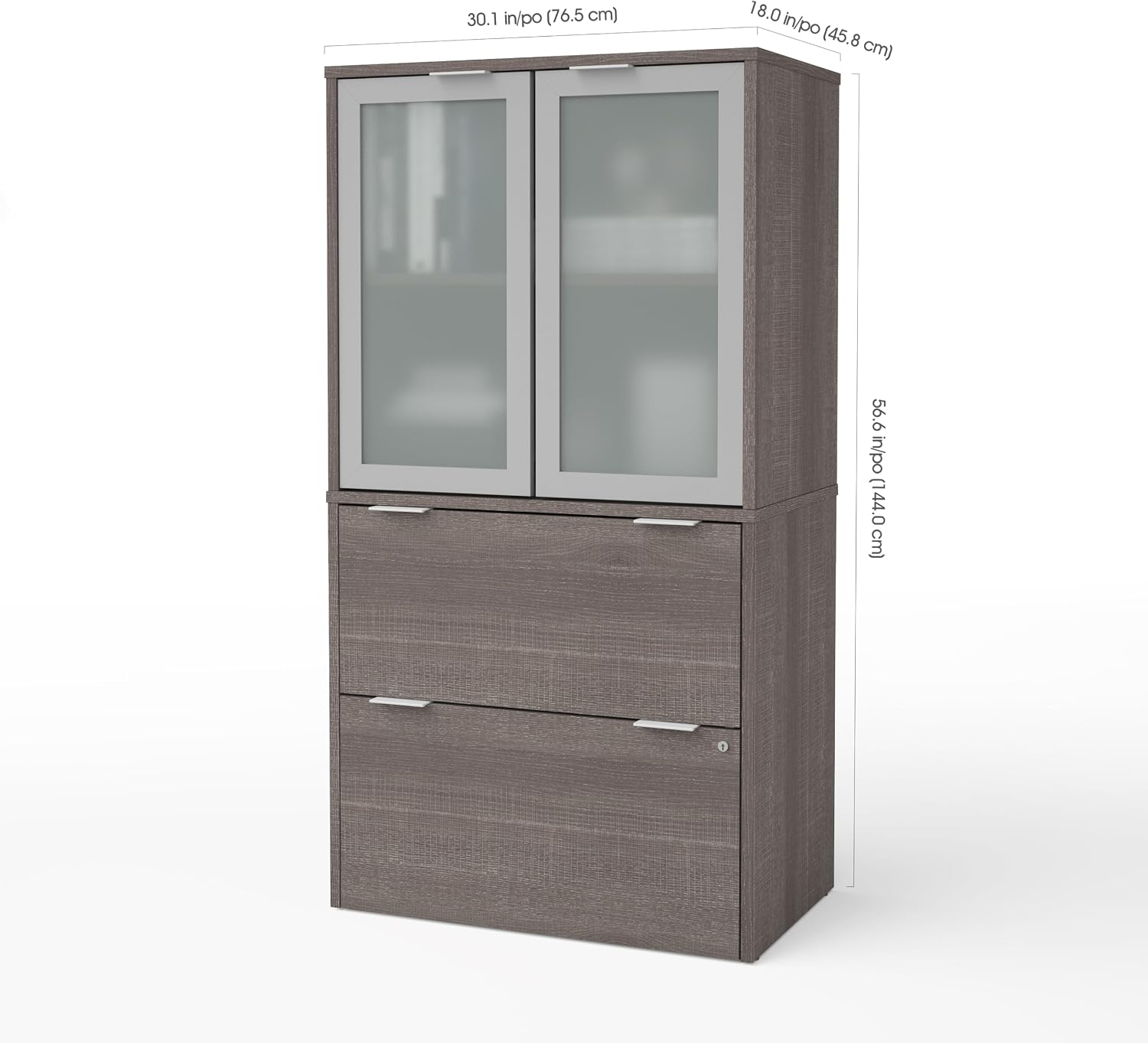 Bestar i3 Plus 31W Lateral File Cabinet with Frosted Glass Doors Hutch in bark Grey | With Frosted Glass Doors Hutch, ball-bearing drawer slides