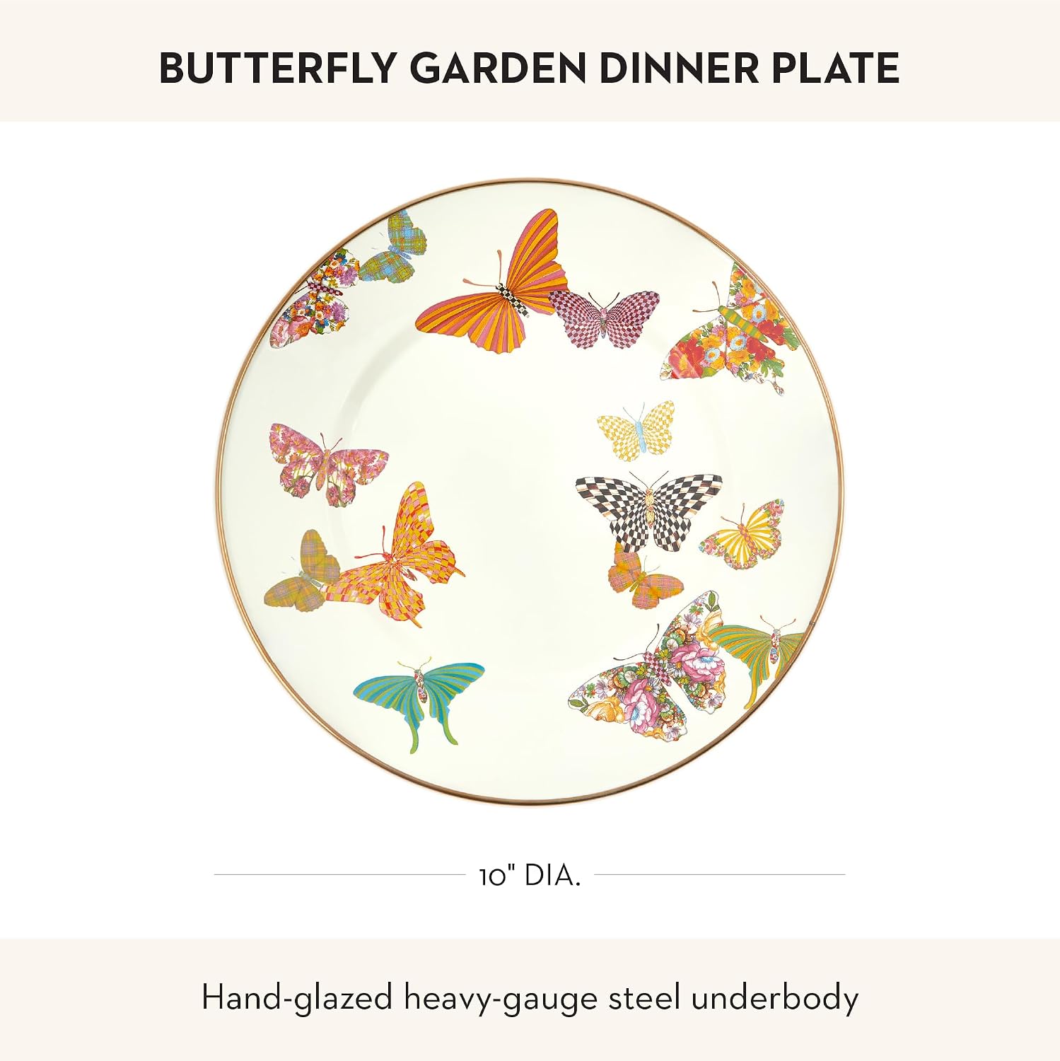 MACKENZIE-CHILDS Enamel Dinner Plate, Butterfly Garden | Hand-applied design, decorative dinnerware plate made from enameled steel, 10" dia.