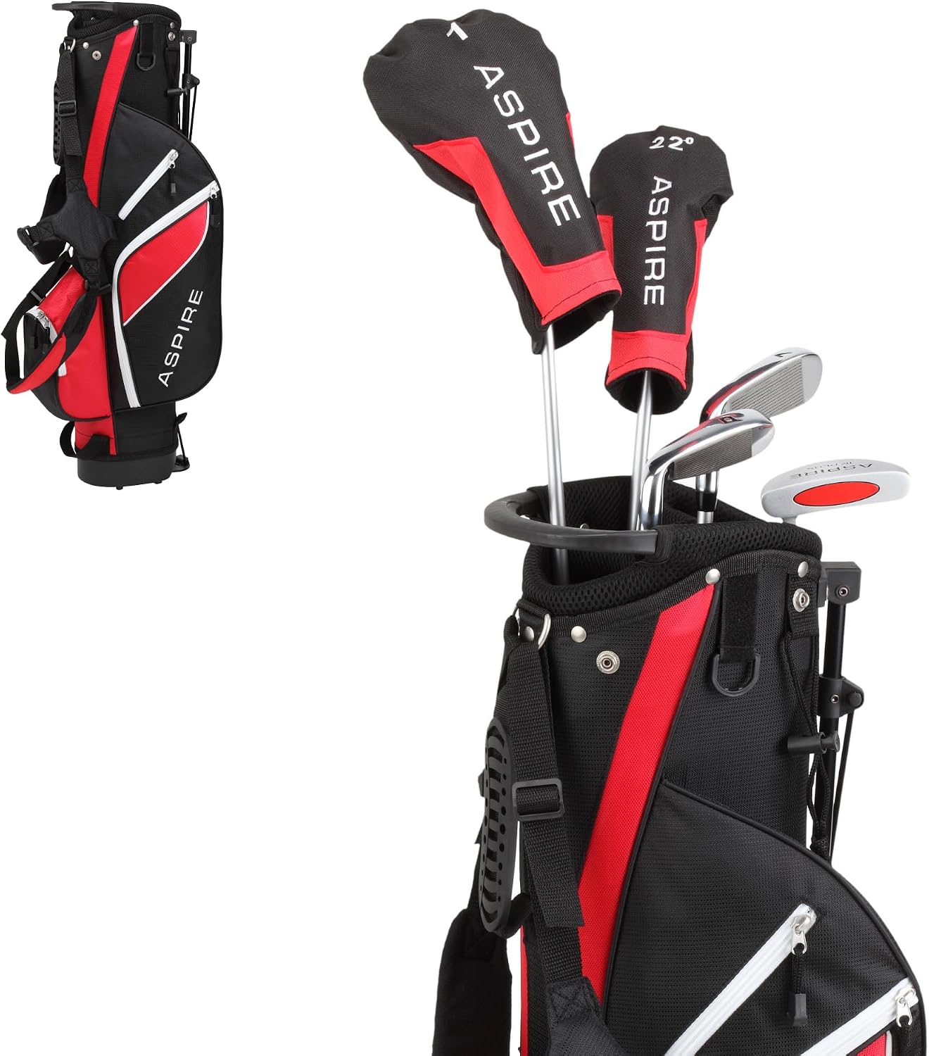 Aspire Junior Plus - Kids Complete Golf Club Set | Aircraft-Grade Aluminum, 15% Larger Clubhead, 7 Iron & Pitching Wedge, Progressive Flex Shafts, Rain Hood, 2 Headcovers