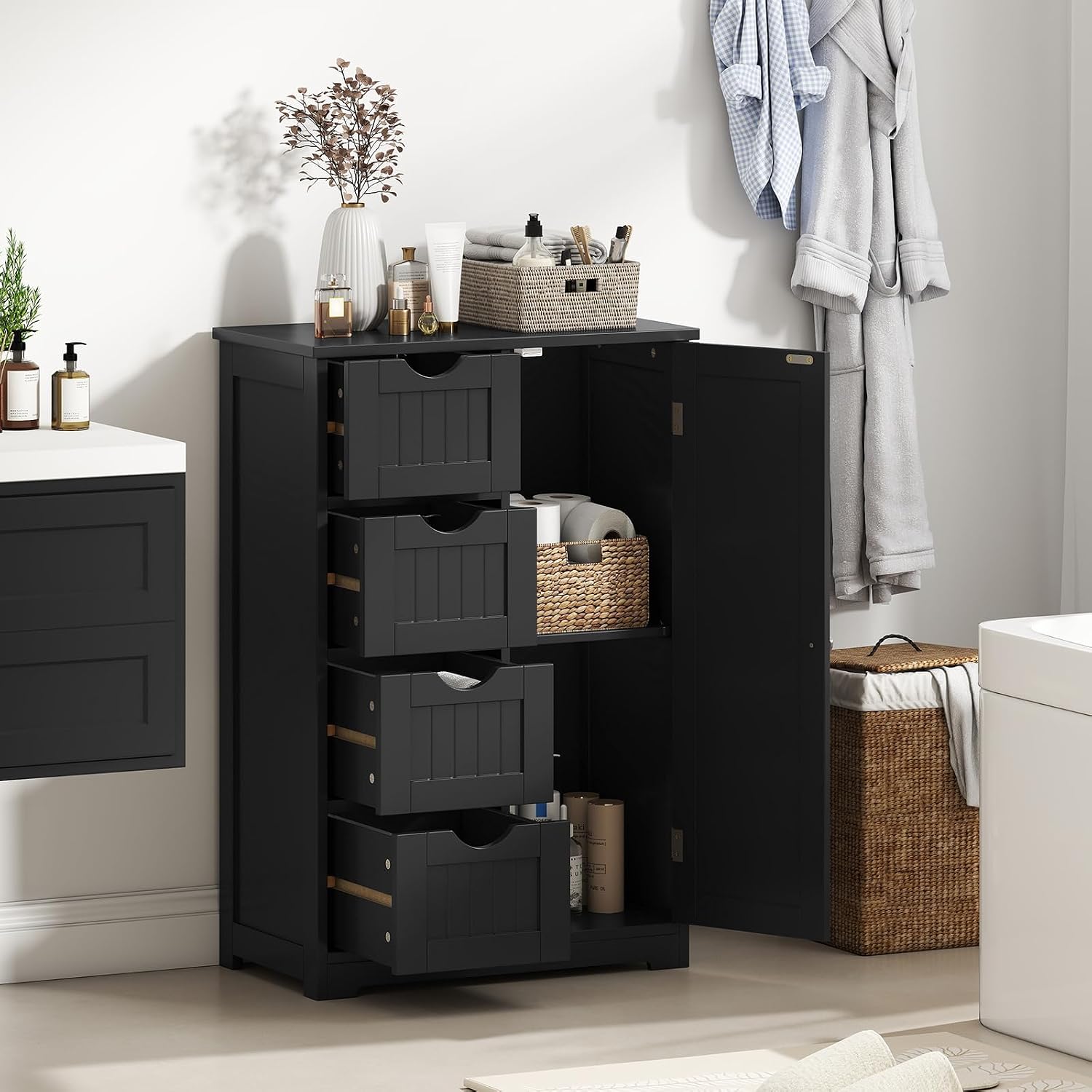 Giantex Storage Cabinet with 4 Drawers, Bathroom Storage Organizer with Cupboard, Adjustable Shelf, Anti-Toppling Device, Floor Cabinet, Entryway Storage Unit Console Table, White