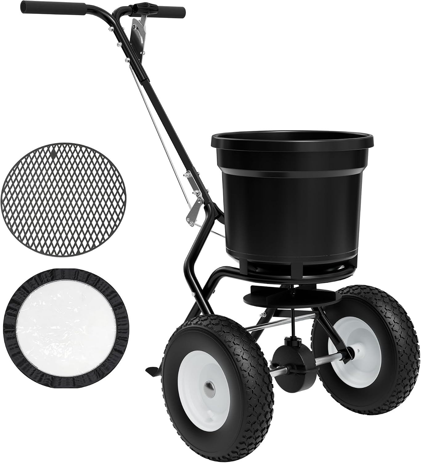PPOLB Broadcast Spreader for Lawns, 50LB Fertilizer Spreader with 30-Level Flow Control, Walk Behind Lawn Seed & Salt Spreader, 0–10FT Coverage, Hopper Screen, Rain Cover, 12" Pneumatic Wheels