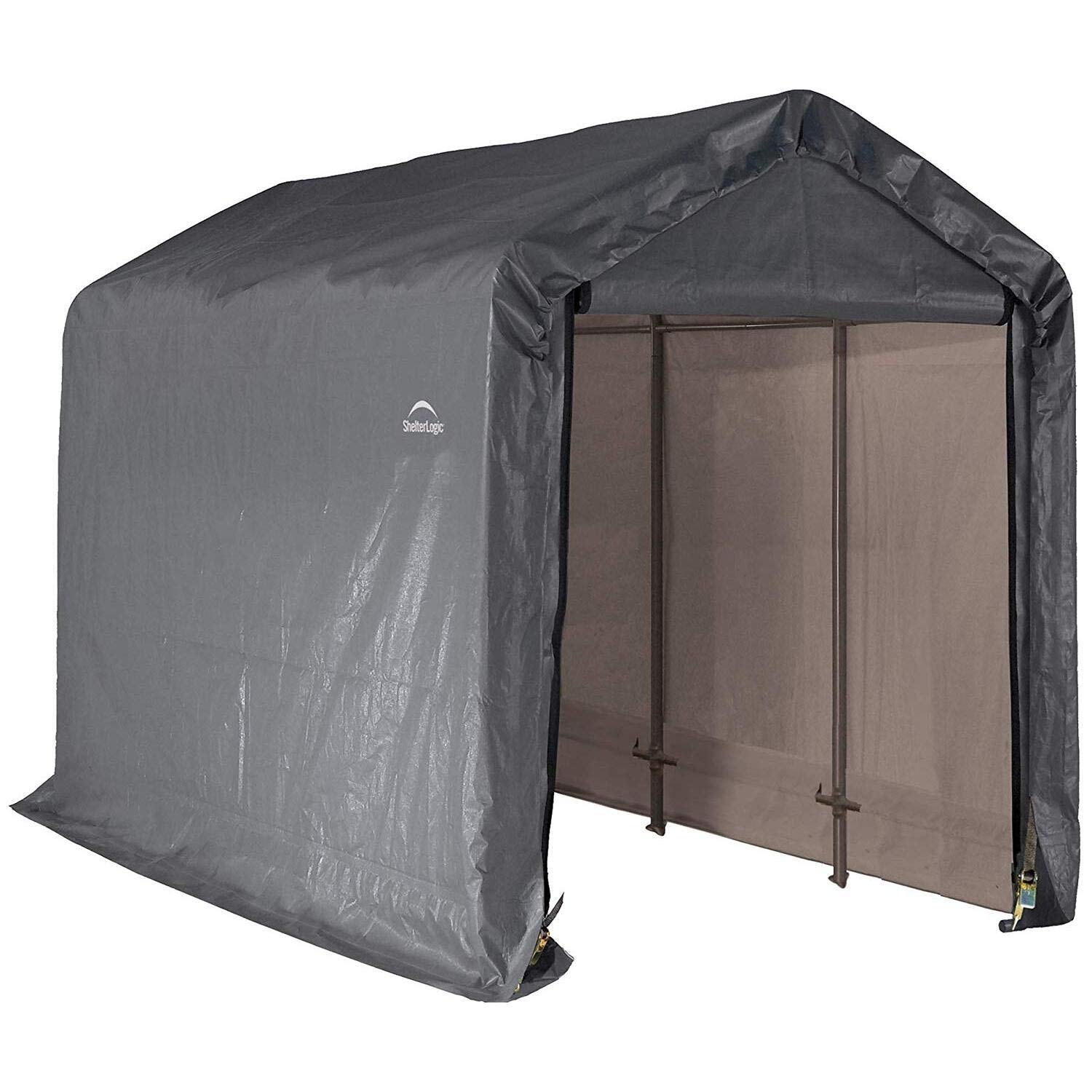 ShelterLogic 10' x 10' Shed-in-a-Box All Season Steel Metal Round Roof Outdoor Storage Shed with Waterproof Cover and Heavy Duty Reusable Auger Anchors, grey
