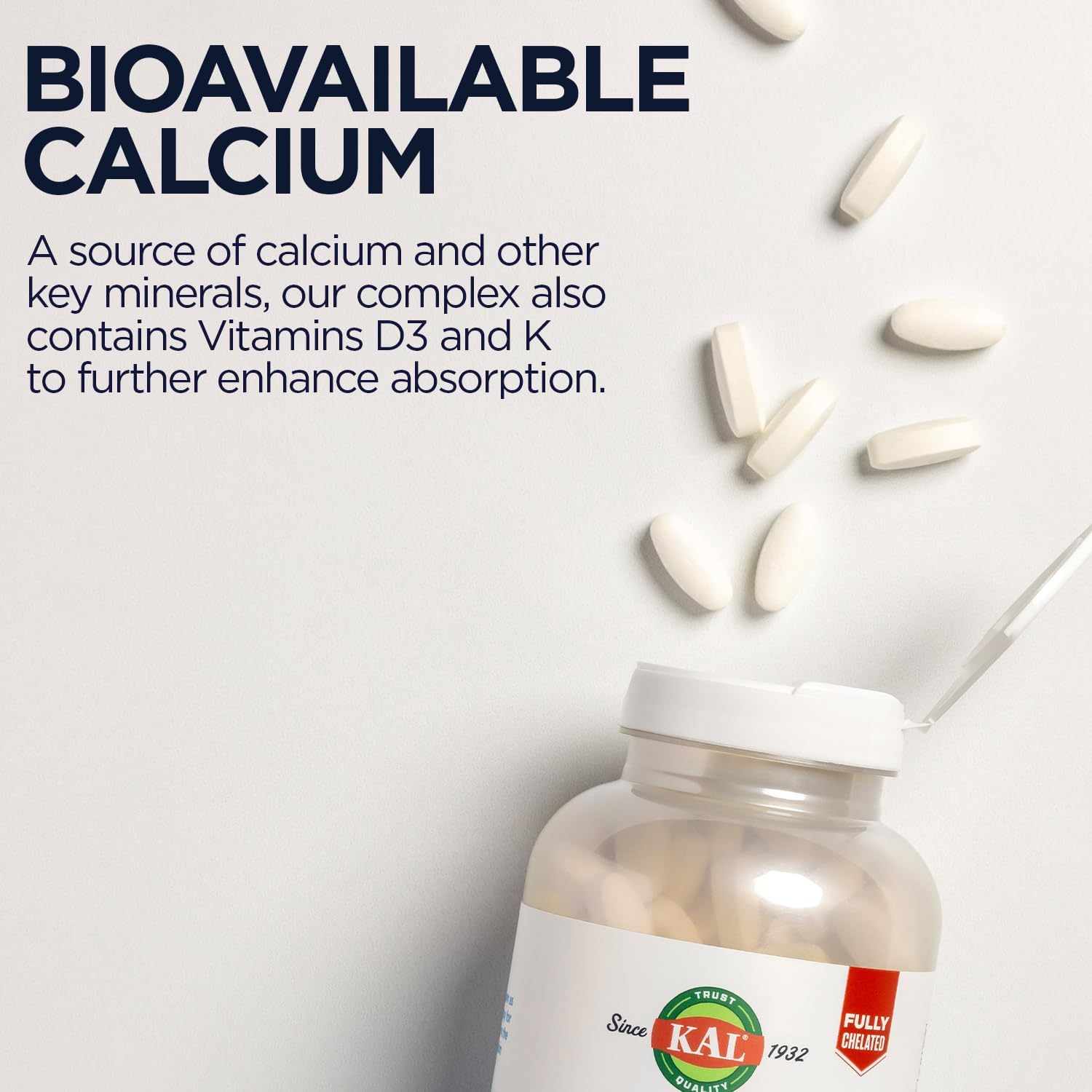 KAL Bone Meal Tablets, Calcium Supplement w/Magnesium, Vitamin D3 and K, Bone Health, Muscle and Nerve Function Support, Rapid Disintegration