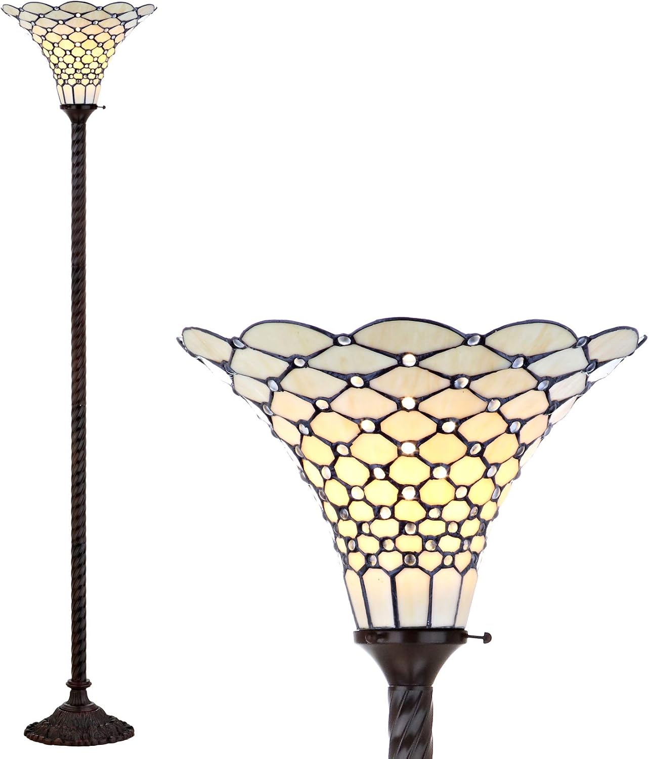 JONATHAN Y 70" Tiffany-Style Stained Glass Metal Torchiere Lamp, Bronze | Handcrafted Cream Bowl Shade, Traditional Art Nouveau Uplight, Foot Switch