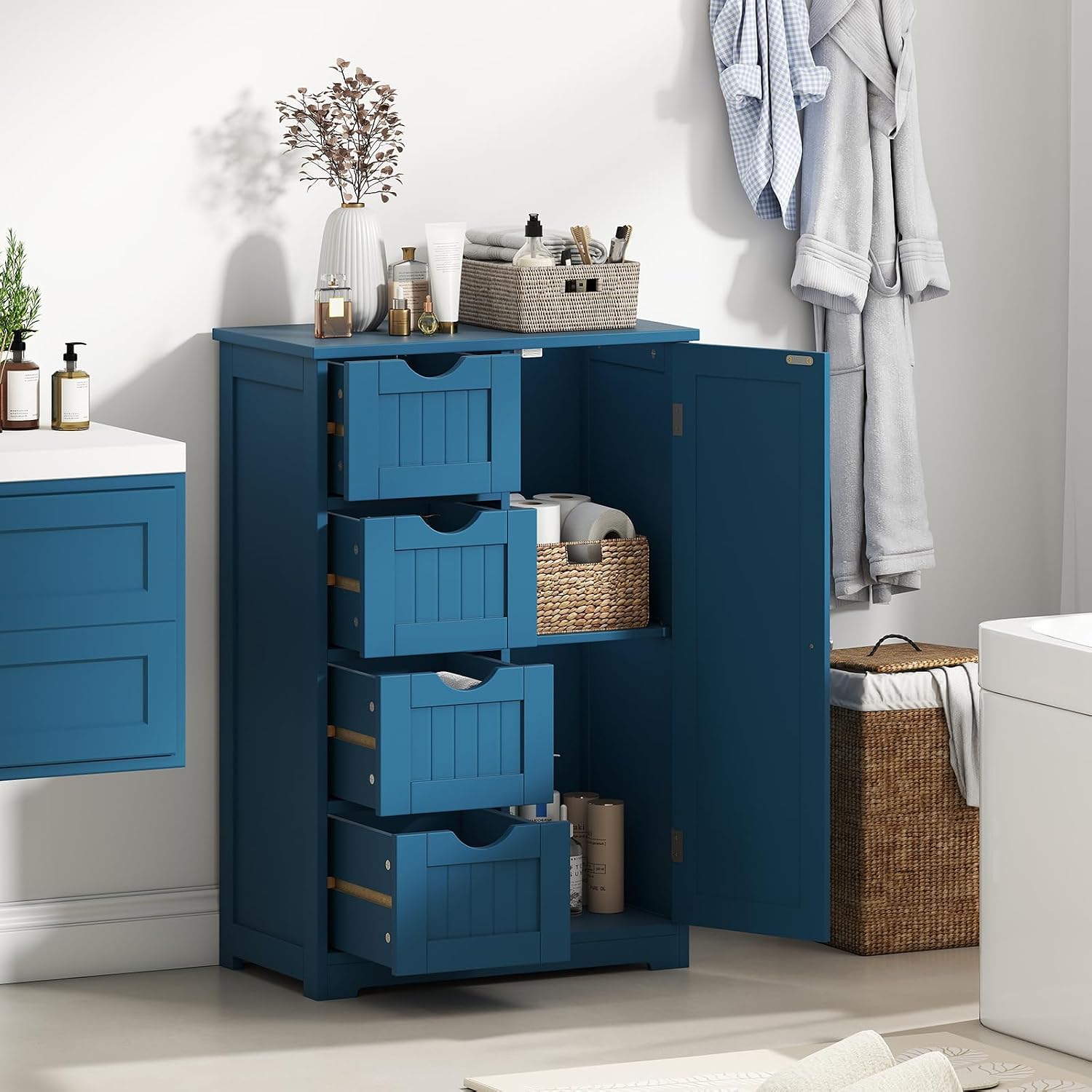 Giantex Storage Cabinet with 4 Drawers, Bathroom Storage Organizer with Cupboard, Adjustable Shelf, Anti-Toppling Device, Floor Cabinet, Entryway Storage Unit Console Table, White