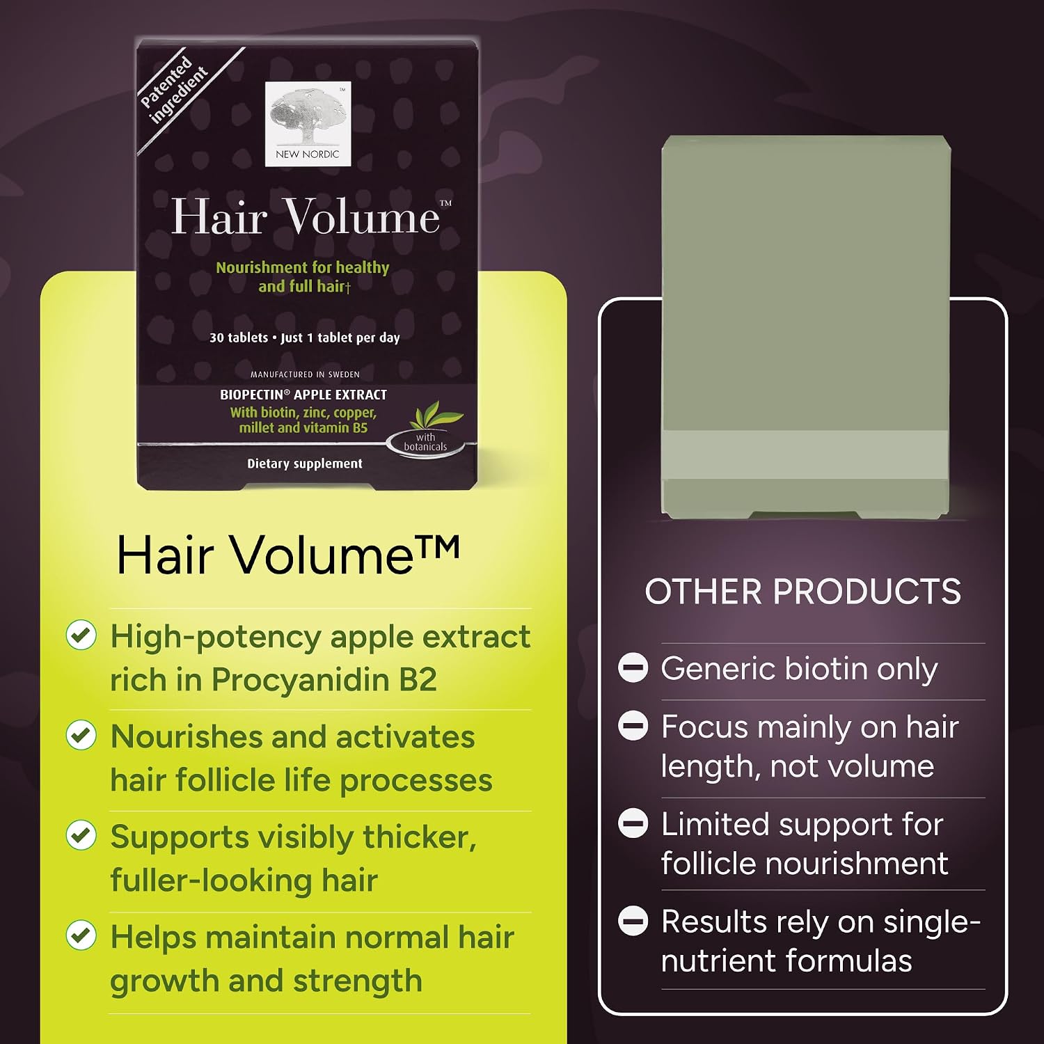 NEW NORDIC Hair Volume Daily Biotin Support Supplement | 90 Tablets | Daily hair supplement tablets made with biotin and Annurka apple extract for simple incorporation into your daily routine