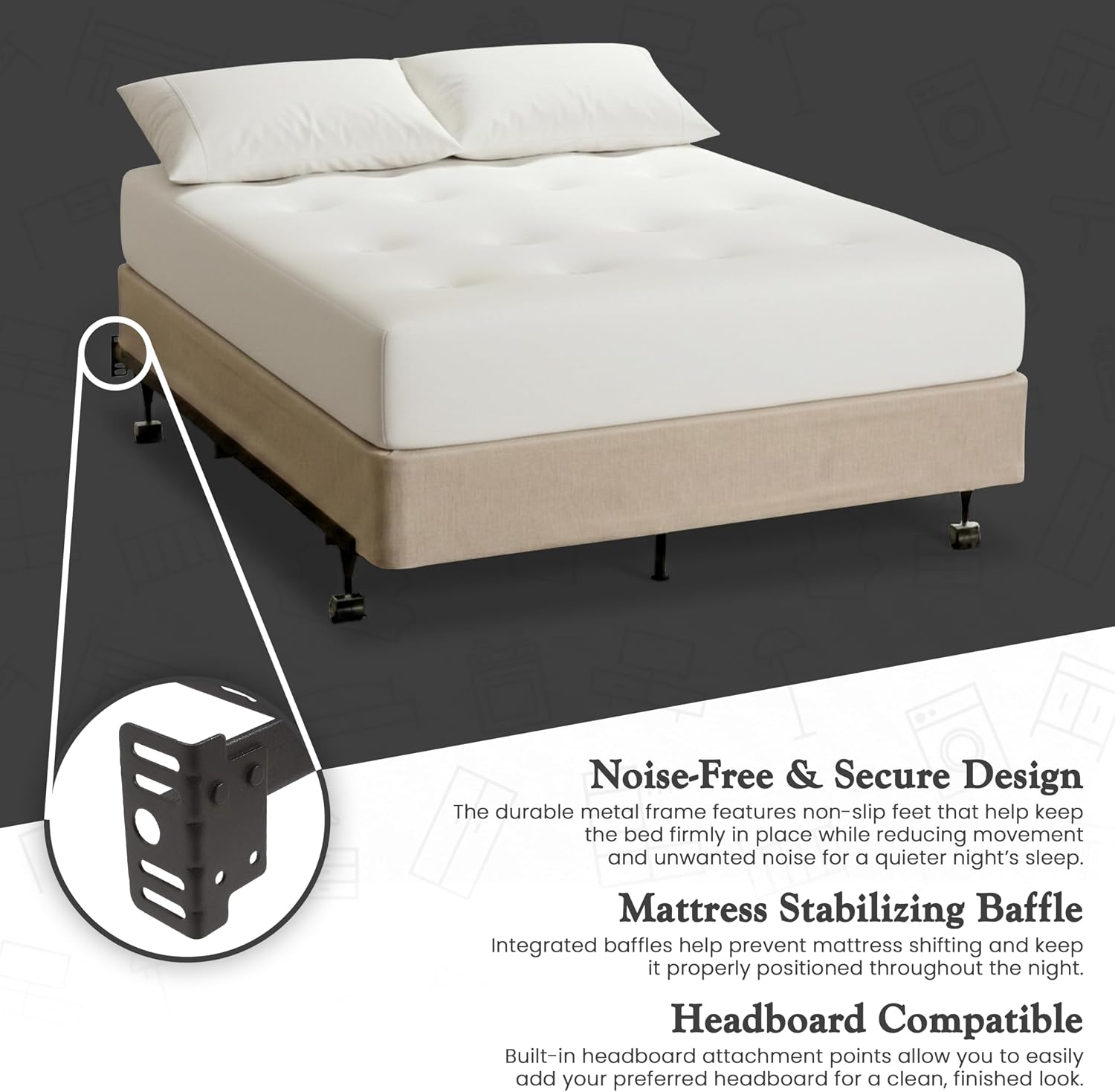 Kings Brand Furniture Queen Metal Bed Frame – Heavy Duty Support for Box Spring & Mattress Foundation with Center Rail, Locking Wheels