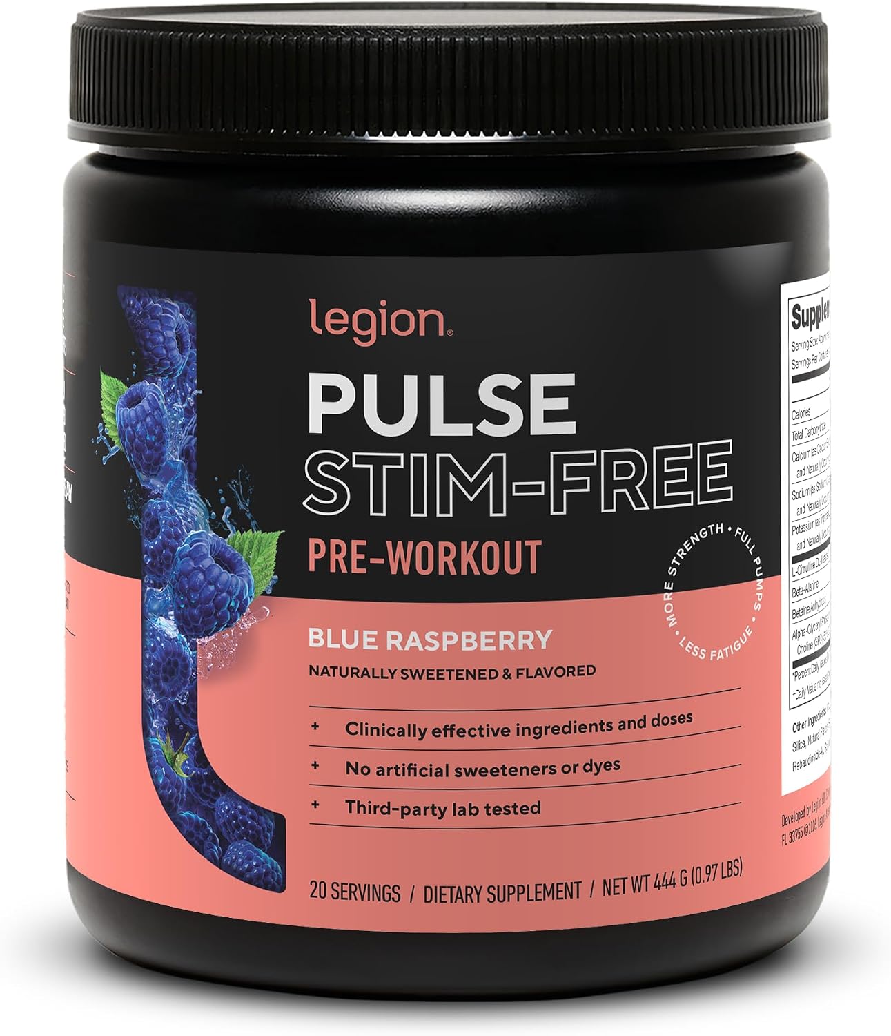 LEGION Pulse Pre Workout Supplement - All Natural Nitric Oxide Preworkout Drink to Boost Energy, Creatine Free, Naturally Sweetened, Beta Alanine, Citrulline, Alpha GPC (Caffeine Free Blue Razz)
