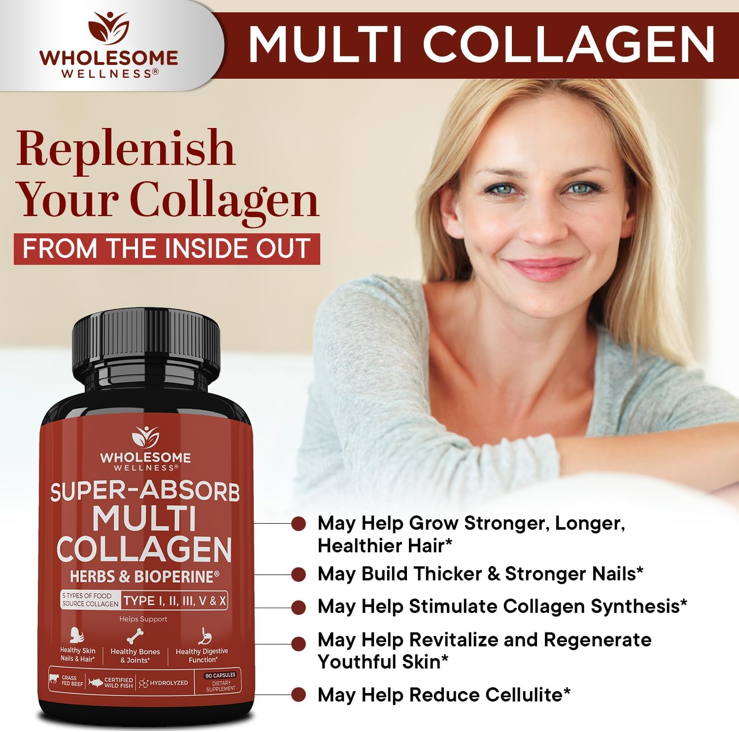 Wholesome Wellness Super-Absorb Multi Collagen Pills (Type I II III V X) Organic Herbs & Bioperine - Hair, Skin