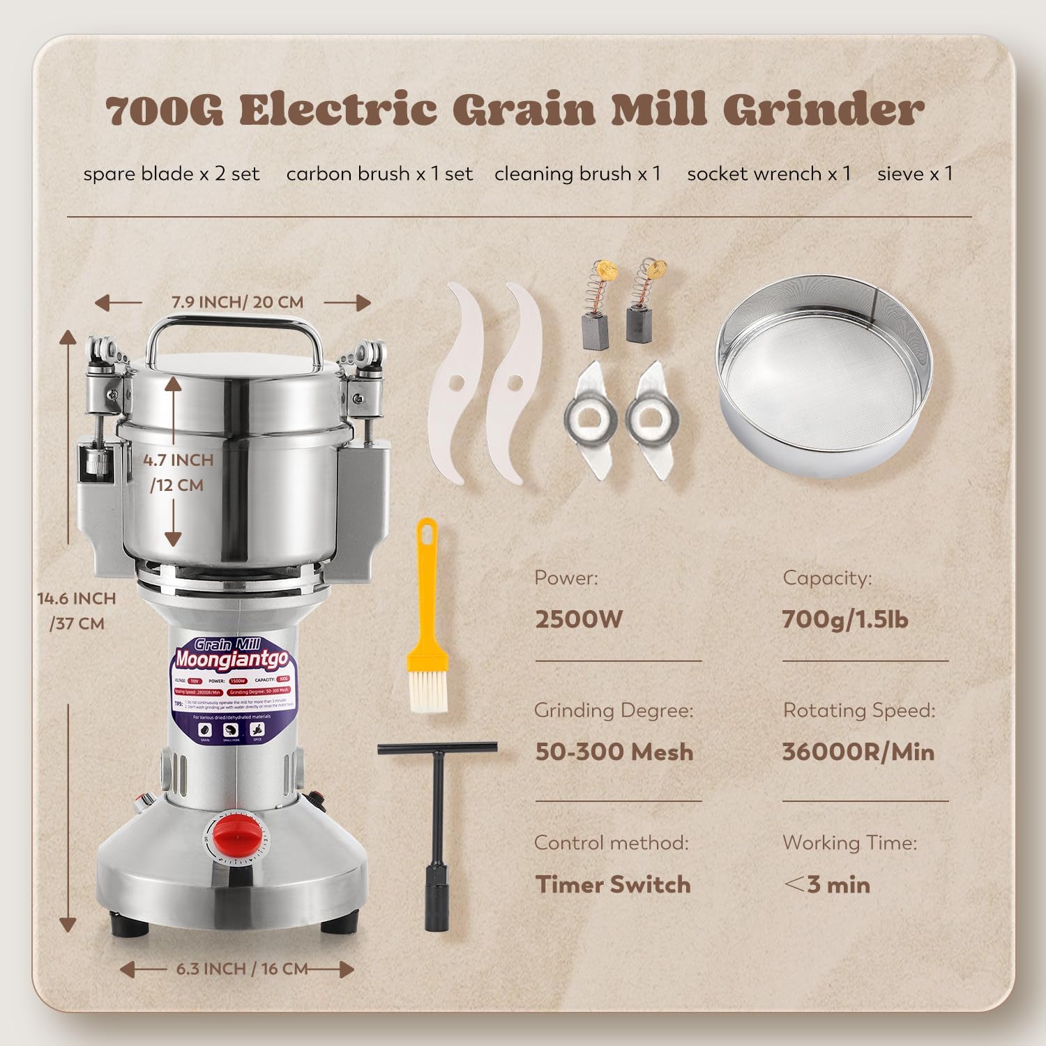 Moongiantgo Grain Mill Grinder Commercial Spice Grinder, 2500g Swing, 110V