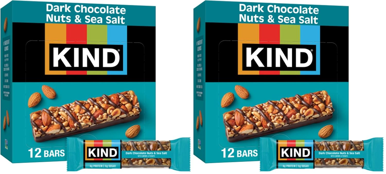 KIND Healthy Snacks Bars, Dark Chocolate Nuts & Sea Salt, Gluten Free, Low Sugar, High Fiber Snacks, 6g Protein, 12 Count