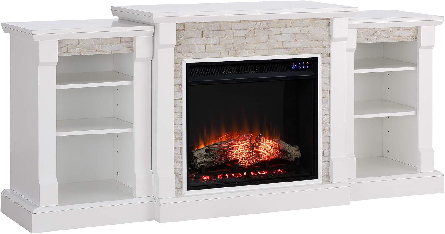 SEI Furniture Gallatin Faux Stone Electric Fireplace with Bookcases, New White